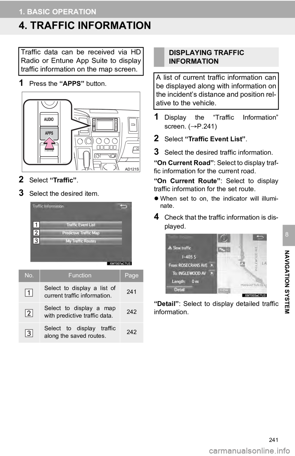 TOYOTA SEQUOIA 2019 Accessories, Audio & Navigation (in English) 241
1. BASIC OPERATION
NAVIGATION SYSTEM
8
4. TRAFFIC INFORMATION
1Press the “APPS” button.
2Select “Traffic” .
3Select the desired item.
1Display the “Traffic Information”
screen. ( TOYOTA SEQUOIA 2019 Accessories, Audio & Navigation (in English) 241
1. BASIC OPERATION
NAVIGATION SYSTEM
8
4. TRAFFIC INFORMATION
1Press the “APPS” button.
2Select “Traffic” .
3Select the desired item.
1Display the “Traffic Information”
screen. (