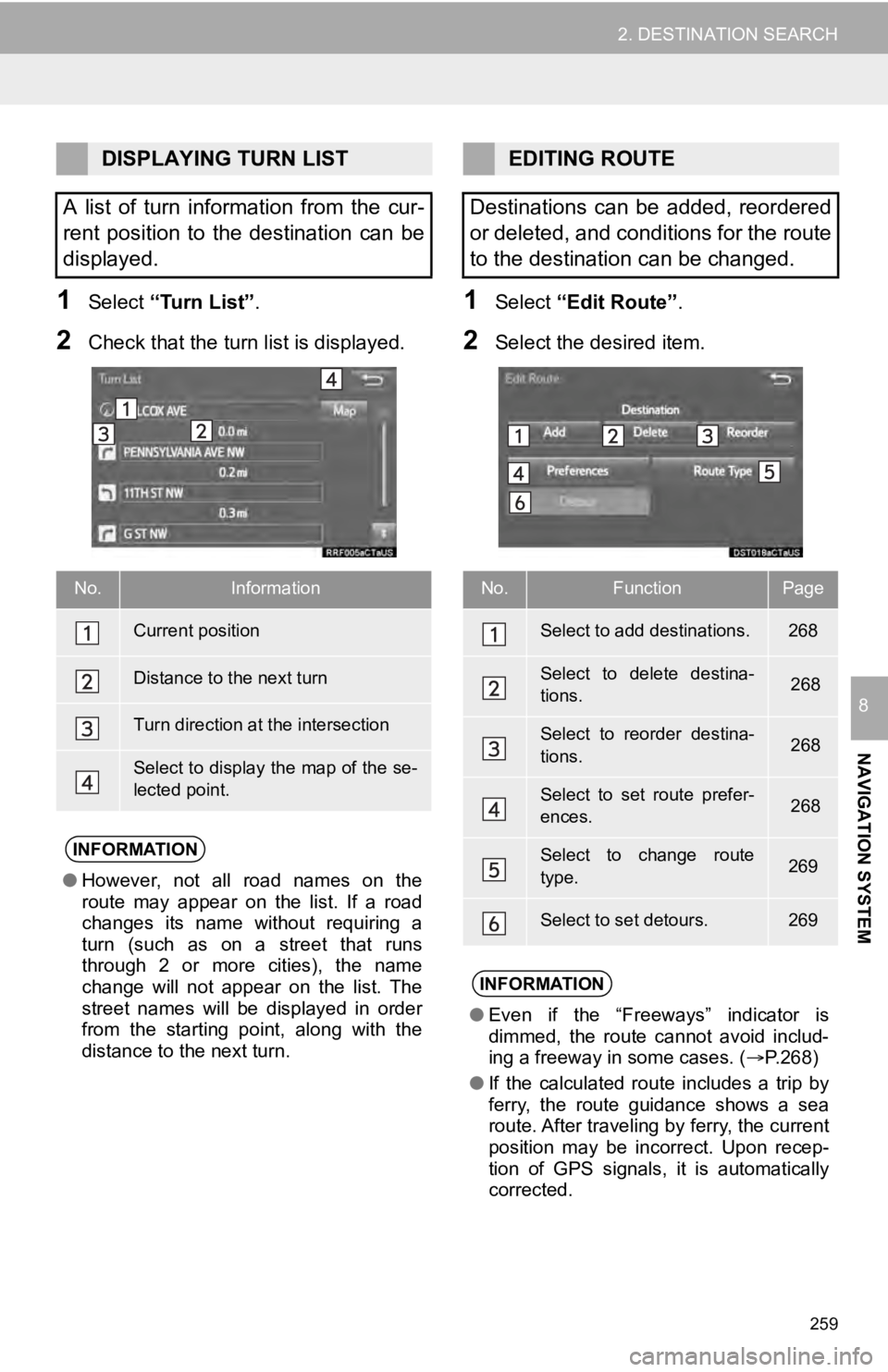 TOYOTA SEQUOIA 2019 Accessories, Audio & Navigation (in English) 259
2. DESTINATION SEARCH
NAVIGATION SYSTEM
8
1Select “Turn List” .
2Check that the turn list is displayed.
1Select “Edit Route” .
2Select the desired item.
DISPLAYING TURN LIST
A list of t TOYOTA SEQUOIA 2019 Accessories, Audio & Navigation (in English) 259
2. DESTINATION SEARCH
NAVIGATION SYSTEM
8
1Select “Turn List” .
2Check that the turn list is displayed.
1Select “Edit Route” .
2Select the desired item.
DISPLAYING TURN LIST
A list of t