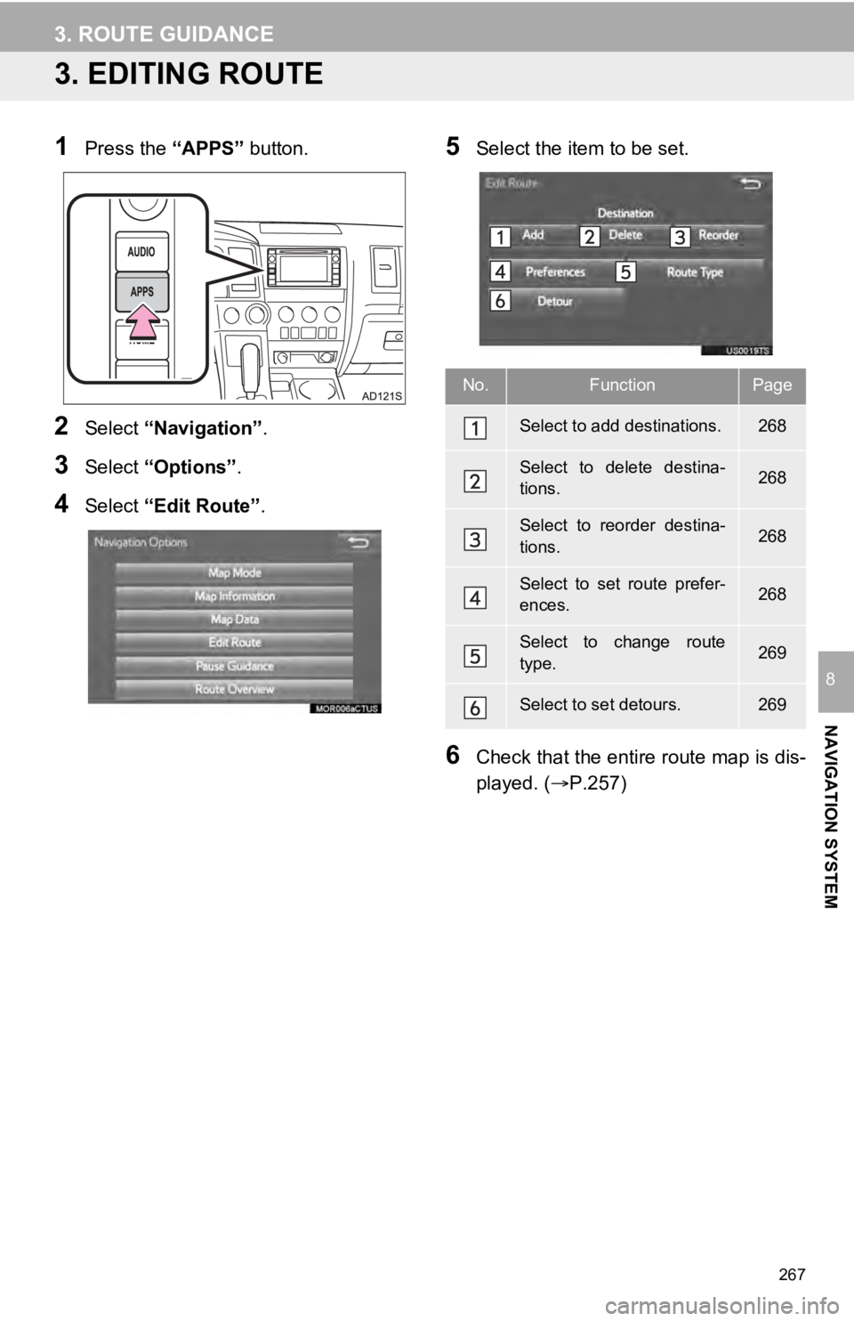 TOYOTA SEQUOIA 2019 Accessories, Audio & Navigation (in English) 267
3. ROUTE GUIDANCE
NAVIGATION SYSTEM
8
3. EDITING ROUTE
1Press the “APPS” button.
2Select “Navigation” .
3Select “Options”.
4Select “Edit Route” .
5Select the item to be set.
6Check TOYOTA SEQUOIA 2019 Accessories, Audio & Navigation (in English) 267
3. ROUTE GUIDANCE
NAVIGATION SYSTEM
8
3. EDITING ROUTE
1Press the “APPS” button.
2Select “Navigation” .
3Select “Options”.
4Select “Edit Route” .
5Select the item to be set.
6Check