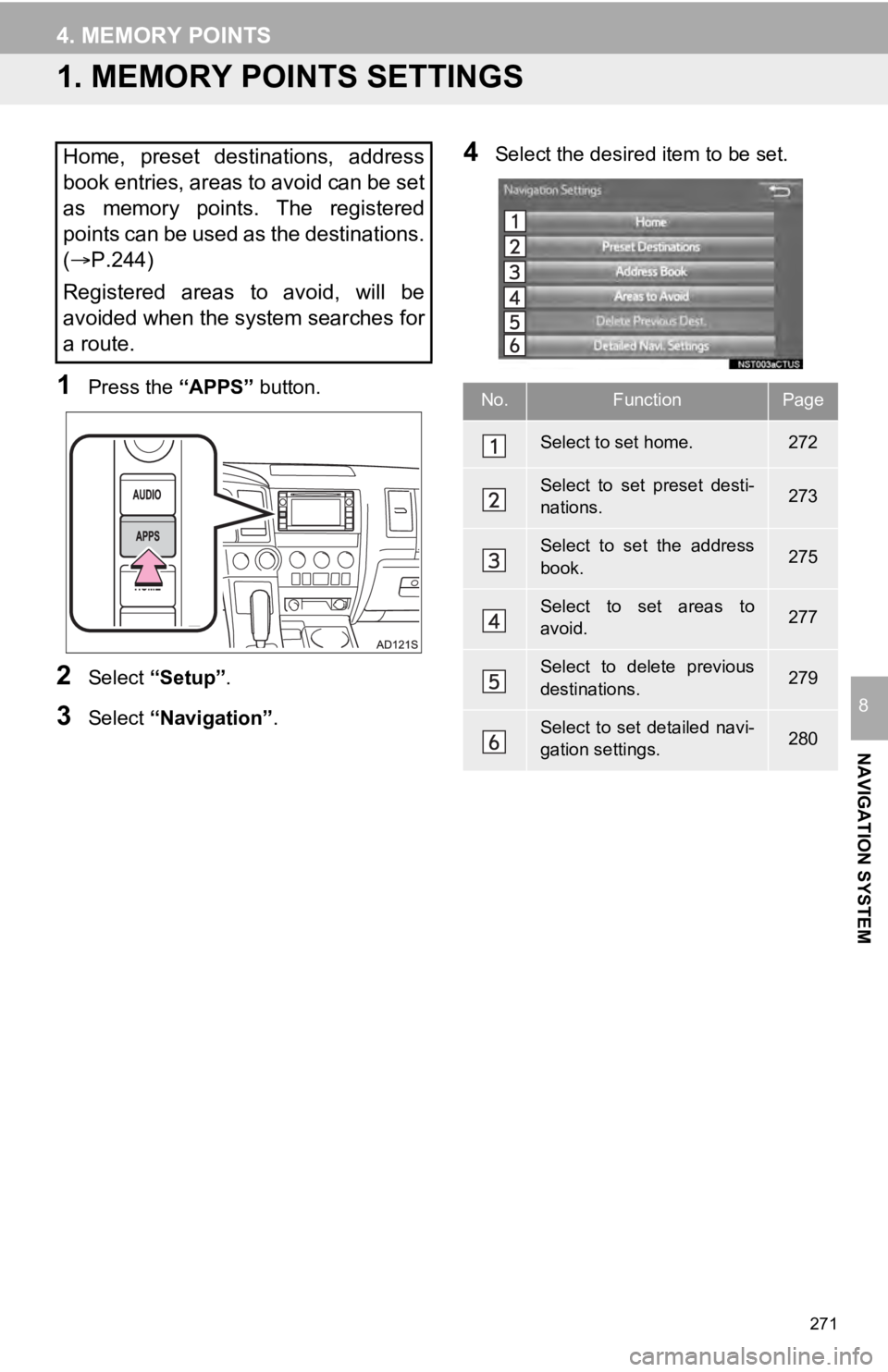 TOYOTA SEQUOIA 2019 Accessories, Audio & Navigation (in English) 271
NAVIGATION SYSTEM
8
4. MEMORY POINTS
1. MEMORY POINTS SETTINGS
1Press the “APPS” button.
2Select “Setup” .
3Select “Navigation” .
4Select the desired item to be set.Home, preset dest TOYOTA SEQUOIA 2019 Accessories, Audio & Navigation (in English) 271
NAVIGATION SYSTEM
8
4. MEMORY POINTS
1. MEMORY POINTS SETTINGS
1Press the “APPS” button.
2Select “Setup” .
3Select “Navigation” .
4Select the desired item to be set.Home, preset dest
