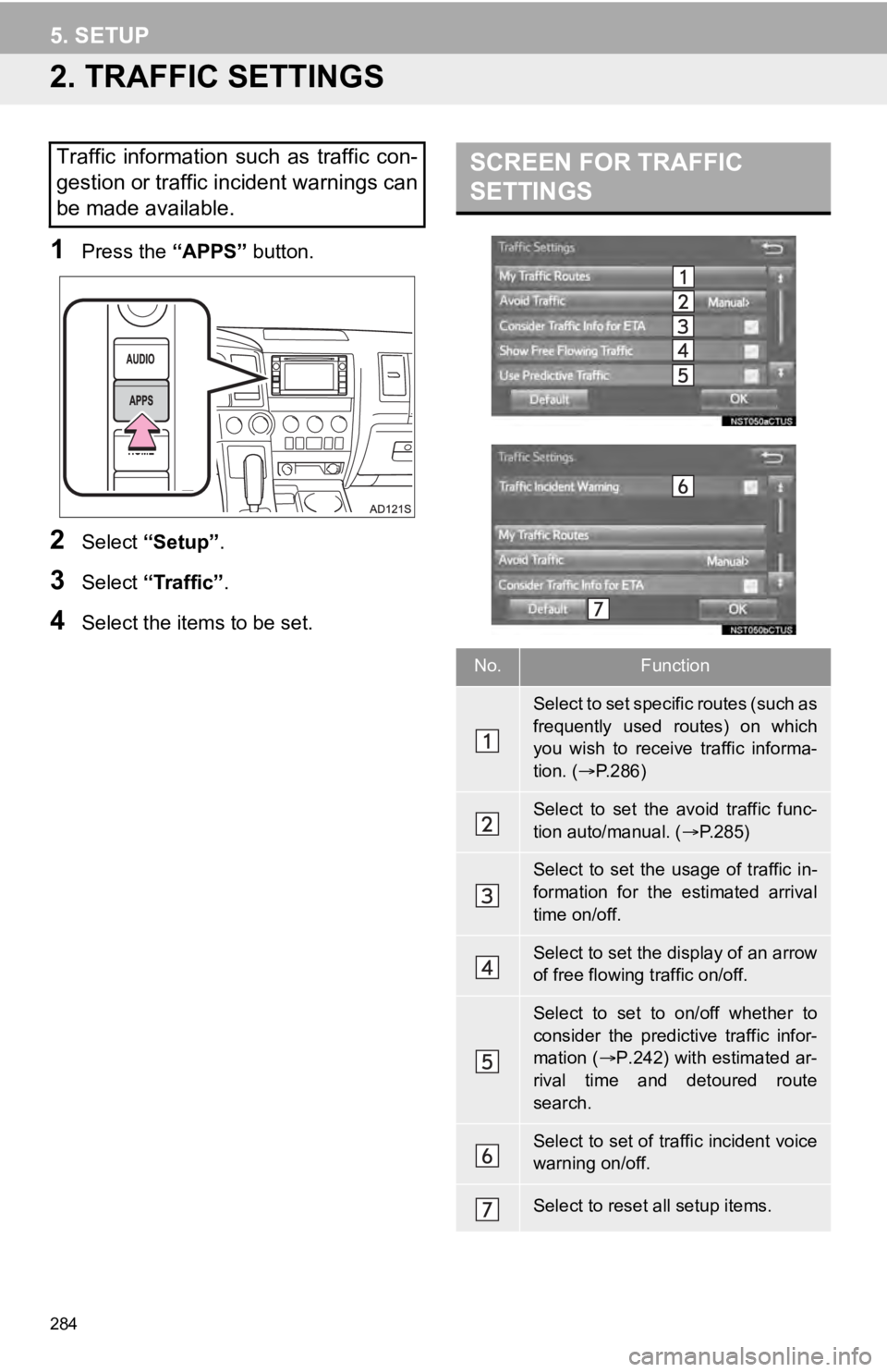 TOYOTA SEQUOIA 2019 Accessories, Audio & Navigation (in English) 284
5. SETUP
2. TRAFFIC SETTINGS
1Press the “APPS” button.
2Select “Setup” .
3Select “Traffic”.
4Select the items to be set.
Traffic information such as traffic con-
gestion or traffi TOYOTA SEQUOIA 2019 Accessories, Audio & Navigation (in English) 284
5. SETUP
2. TRAFFIC SETTINGS
1Press the “APPS” button.
2Select “Setup” .
3Select “Traffic”.
4Select the items to be set.
Traffic information such as traffic con-
gestion or traffi