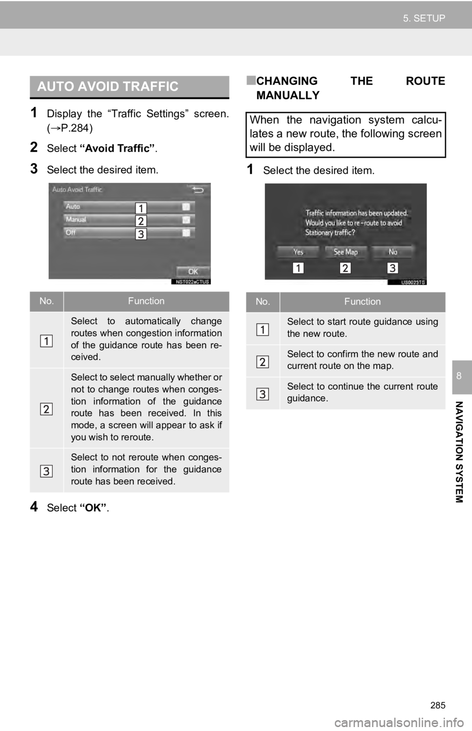 TOYOTA SEQUOIA 2019 Accessories, Audio & Navigation (in English) 285
5. SETUP
NAVIGATION SYSTEM
8
1Display the “Traffic Settings” screen.
(P.284)
2Select “Avoid Traffic” .
3Select the desired item.
4Select “OK”.
■CHANGING THE ROUTE
MANUALLY
1 TOYOTA SEQUOIA 2019 Accessories, Audio & Navigation (in English) 285
5. SETUP
NAVIGATION SYSTEM
8
1Display the “Traffic Settings” screen.
(P.284)
2Select “Avoid Traffic” .
3Select the desired item.
4Select “OK”.
■CHANGING THE ROUTE
MANUALLY
1
