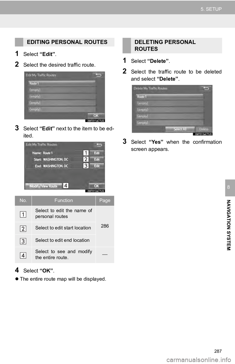 TOYOTA SEQUOIA 2019 Accessories, Audio & Navigation (in English) 287
5. SETUP
NAVIGATION SYSTEM
8
1Select “Edit”.
2Select the desir ed traffic route.
3Select “Edit” next to the item to be ed-
ited.
4Select “OK”.
The entire route map will be displaye TOYOTA SEQUOIA 2019 Accessories, Audio & Navigation (in English) 287
5. SETUP
NAVIGATION SYSTEM
8
1Select “Edit”.
2Select the desir ed traffic route.
3Select “Edit” next to the item to be ed-
ited.
4Select “OK”.
The entire route map will be displaye