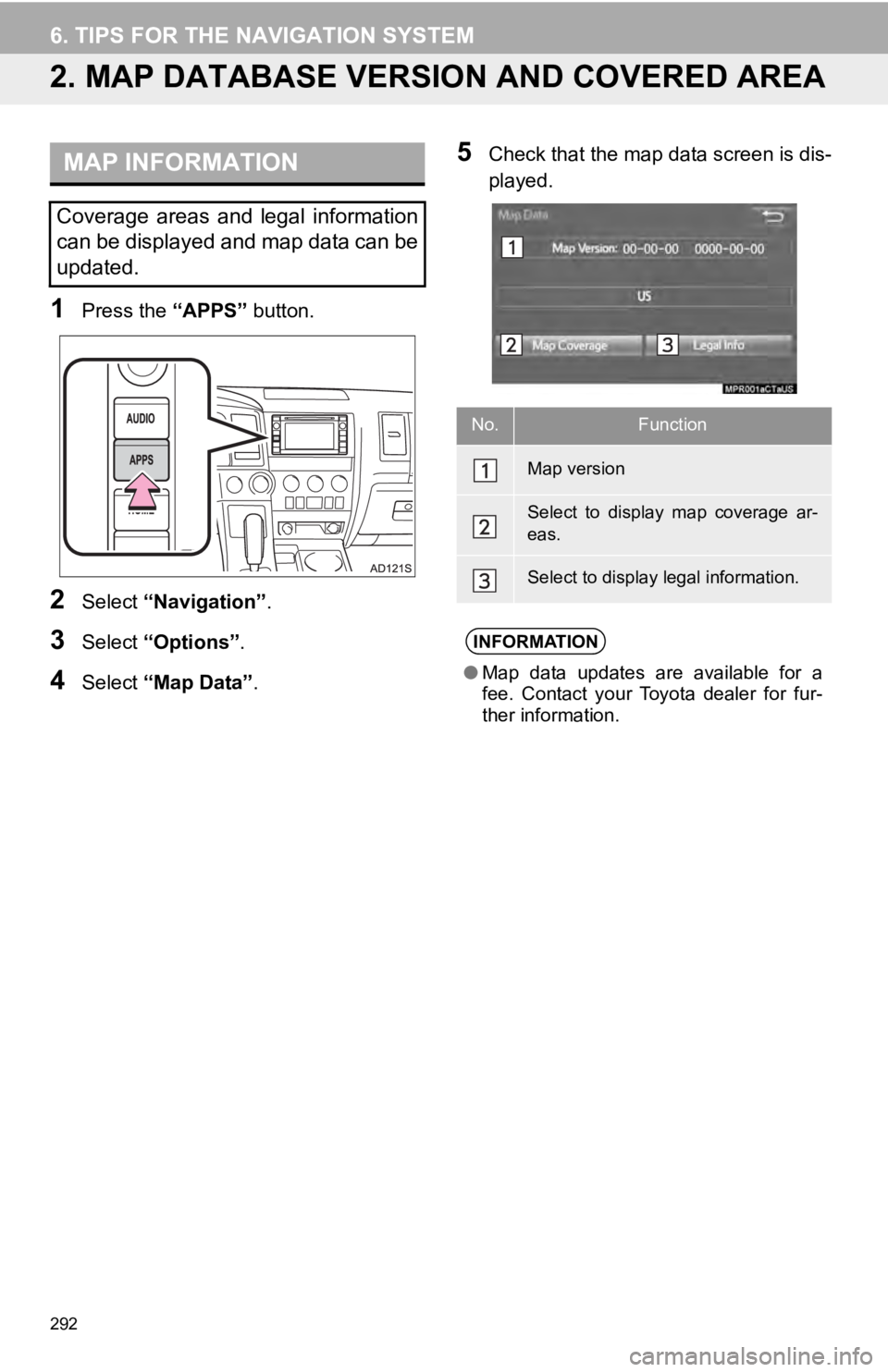 TOYOTA SEQUOIA 2019 Accessories, Audio & Navigation (in English) 292
6. TIPS FOR THE NAVIGATION SYSTEM
2. MAP DATABASE VERSI ON AND COVERED AREA
1Press the “APPS” button.
2Select “Navigation” .
3Select “Options”.
4Select “Map Data” .
5Check that the TOYOTA SEQUOIA 2019 Accessories, Audio & Navigation (in English) 292
6. TIPS FOR THE NAVIGATION SYSTEM
2. MAP DATABASE VERSI ON AND COVERED AREA
1Press the “APPS” button.
2Select “Navigation” .
3Select “Options”.
4Select “Map Data” .
5Check that the