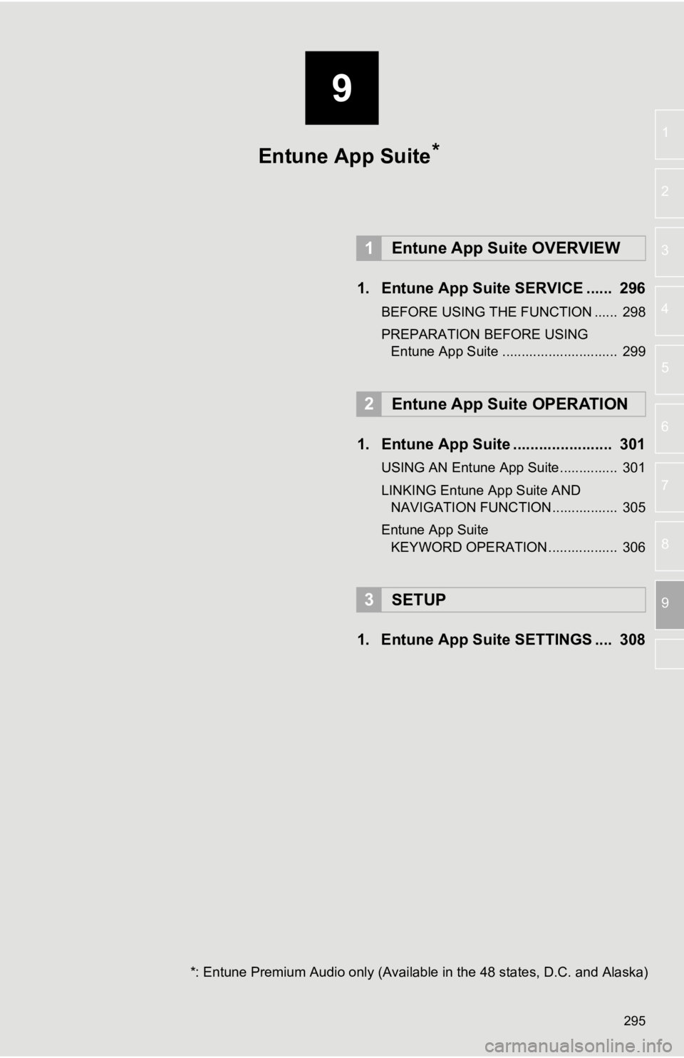 TOYOTA SEQUOIA 2019 Accessories, Audio & Navigation (in English) 9
295
1
2
3
4
5
6
7
8
9
1. Entune App Suite SERVICE ...... 296
BEFORE USING THE FUNCTION ...... 298
PREPARATION BEFORE USING Entune App Suite .............................. 299
1. Entune App Suite TOYOTA SEQUOIA 2019 Accessories, Audio & Navigation (in English) 9
295
1
2
3
4
5
6
7
8
9
1. Entune App Suite SERVICE ...... 296
BEFORE USING THE FUNCTION ...... 298
PREPARATION BEFORE USING Entune App Suite .............................. 299
1. Entune App Suite