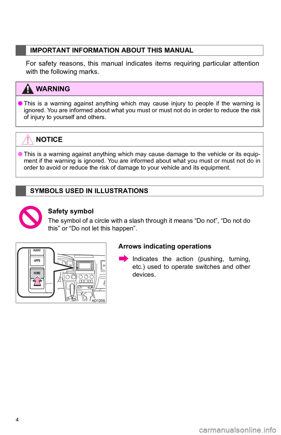 TOYOTA SEQUOIA 2019  Accessories, Audio & Navigation (in English) 4
For  safety  reasons,  this  manual  indicates  items  requiring  particular  attention
with the following marks.
IMPORTANT INFORMATION ABOUT THIS MANUAL
WA R N I N G
● This  is  a  warning  again