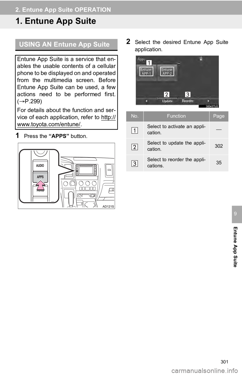 TOYOTA SEQUOIA 2019 Accessories, Audio & Navigation (in English) 301
Entune App Suite
9
2. Entune App Suite OPERATION
1. Entune App Suite
1Press the “APPS” button.
2Select the desired Entune App Suite
application.USING AN Entune App Suite
Entune App Suite TOYOTA SEQUOIA 2019 Accessories, Audio & Navigation (in English) 301
Entune App Suite
9
2. Entune App Suite OPERATION
1. Entune App Suite
1Press the “APPS” button.
2Select the desired Entune App Suite
application.USING AN Entune App Suite
Entune App Suite