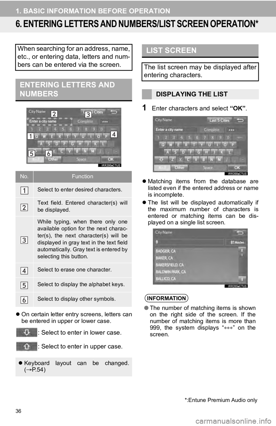 TOYOTA SEQUOIA 2019 Accessories, Audio & Navigation (in English) 36
1. BASIC INFORMATION BEFORE OPERATION
6. ENTERING LETTERS AND NUMBERS/LIST SCREEN OPERATION*
On certain letter entry screens, letters can
be entered in upper or lower case.
: Select to enter in TOYOTA SEQUOIA 2019 Accessories, Audio & Navigation (in English) 36
1. BASIC INFORMATION BEFORE OPERATION
6. ENTERING LETTERS AND NUMBERS/LIST SCREEN OPERATION*
On certain letter entry screens, letters can
be entered in upper or lower case.
: Select to enter in