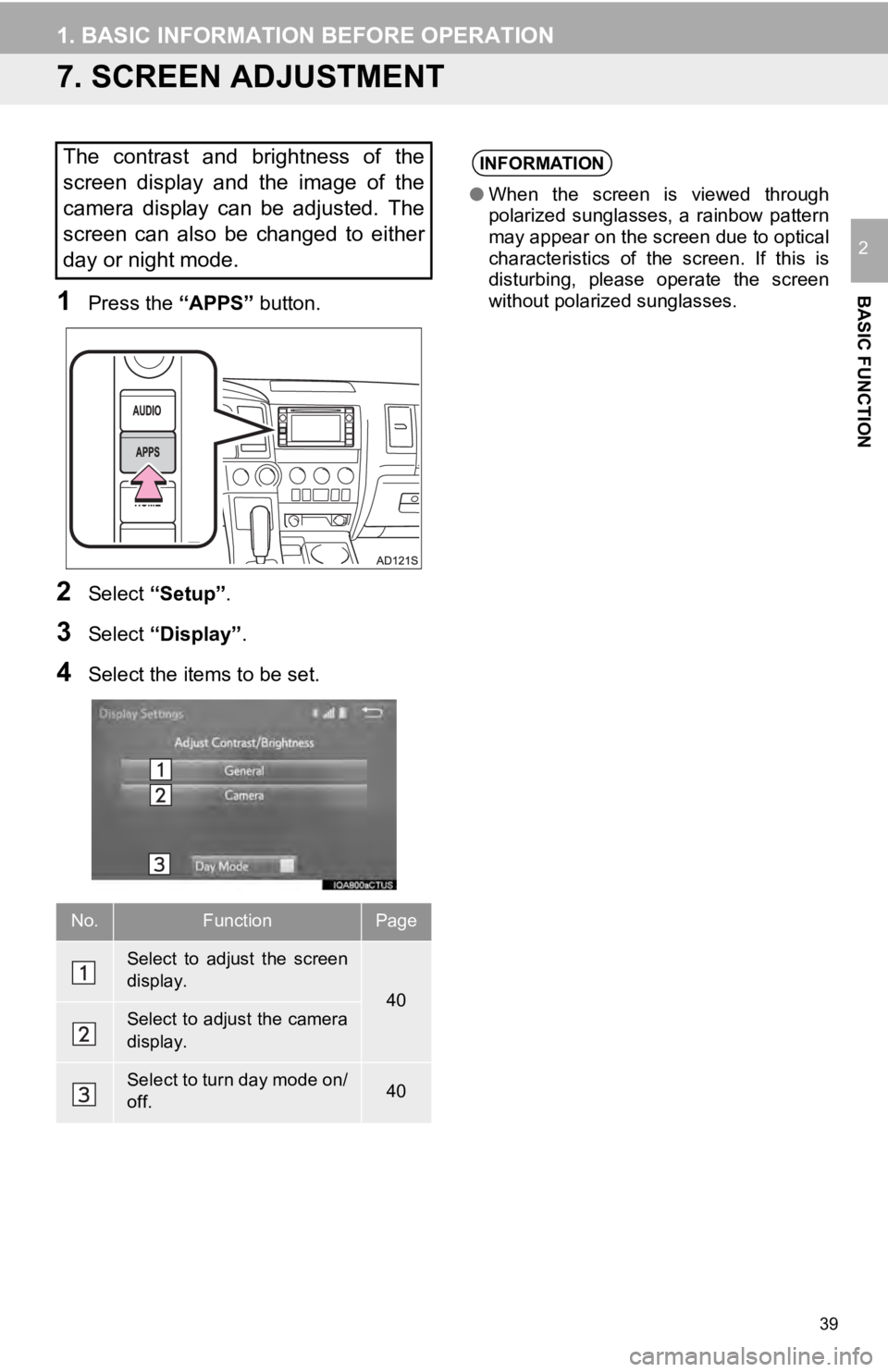 TOYOTA SEQUOIA 2019 Accessories, Audio & Navigation (in English) 39
1. BASIC INFORMATION BEFORE OPERATION
BASIC FUNCTION
2
7. SCREEN ADJUSTMENT
1Press the “APPS” button.
2Select “Setup” .
3Select “Display”.
4Select the items to be set.
The contrast an TOYOTA SEQUOIA 2019 Accessories, Audio & Navigation (in English) 39
1. BASIC INFORMATION BEFORE OPERATION
BASIC FUNCTION
2
7. SCREEN ADJUSTMENT
1Press the “APPS” button.
2Select “Setup” .
3Select “Display”.
4Select the items to be set.
The contrast an