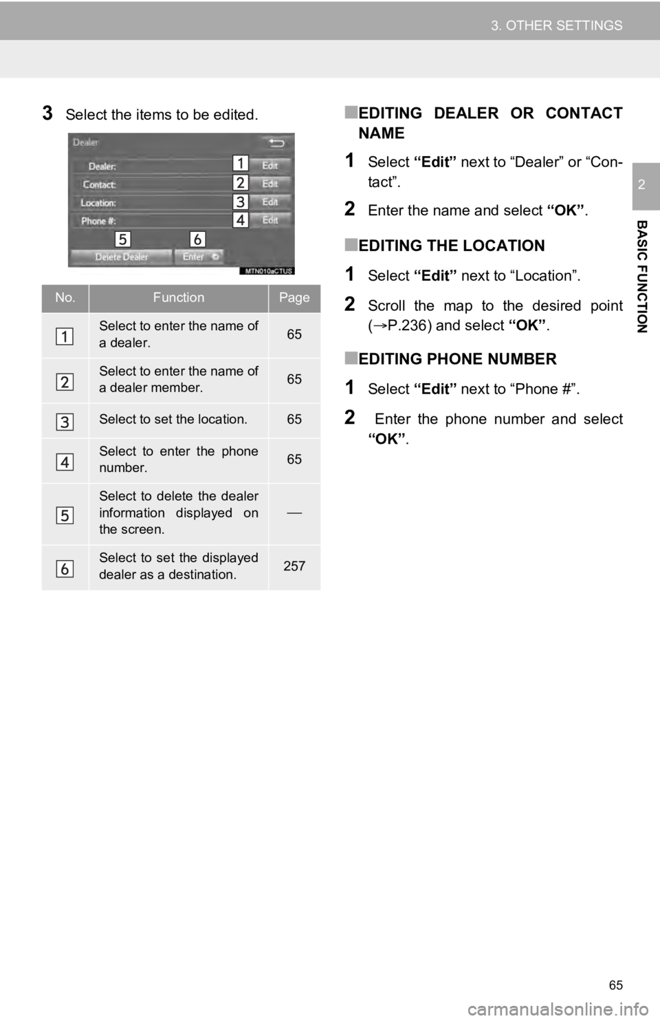 TOYOTA SEQUOIA 2019 Accessories, Audio & Navigation (in English) 65
3. OTHER SETTINGS
BASIC FUNCTION
2
3Select the items to be edited.■EDITING DEALER OR CONTACT
NAME
1Select “Edit” next to “Dealer” or “Con-
tact”.
2Enter the name and select “OK TOYOTA SEQUOIA 2019 Accessories, Audio & Navigation (in English) 65
3. OTHER SETTINGS
BASIC FUNCTION
2
3Select the items to be edited.■EDITING DEALER OR CONTACT
NAME
1Select “Edit” next to “Dealer” or “Con-
tact”.
2Enter the name and select “OK
