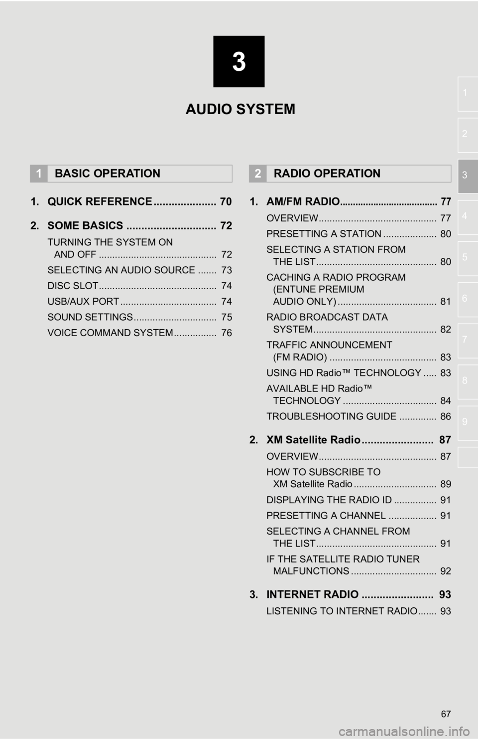 TOYOTA SEQUOIA 2019 Accessories, Audio & Navigation (in English) 3
67
1
2
3
4
5
6
7
8
9
1. QUICK REFERENCE ..................... 70
2. SOME BASICS .............................. 72
TURNING THE SYSTEM ON AND OFF ............................................ 72
SELE TOYOTA SEQUOIA 2019 Accessories, Audio & Navigation (in English) 3
67
1
2
3
4
5
6
7
8
9
1. QUICK REFERENCE ..................... 70
2. SOME BASICS .............................. 72
TURNING THE SYSTEM ON AND OFF ............................................ 72
SELE