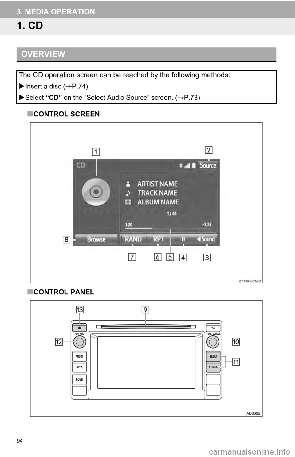 TOYOTA SEQUOIA 2019 Accessories, Audio & Navigation (in English) 94
3. MEDIA OPERATION
1. CD
■CONTROL SCREEN
■CONTROL PANEL
OVERVIEW
The CD operation screen can be reached by the following methods:
Insert a disc ( P.74)
Select “CD” on the “Sel TOYOTA SEQUOIA 2019 Accessories, Audio & Navigation (in English) 94
3. MEDIA OPERATION
1. CD
■CONTROL SCREEN
■CONTROL PANEL
OVERVIEW
The CD operation screen can be reached by the following methods:
Insert a disc ( P.74)
Select “CD” on the “Sel