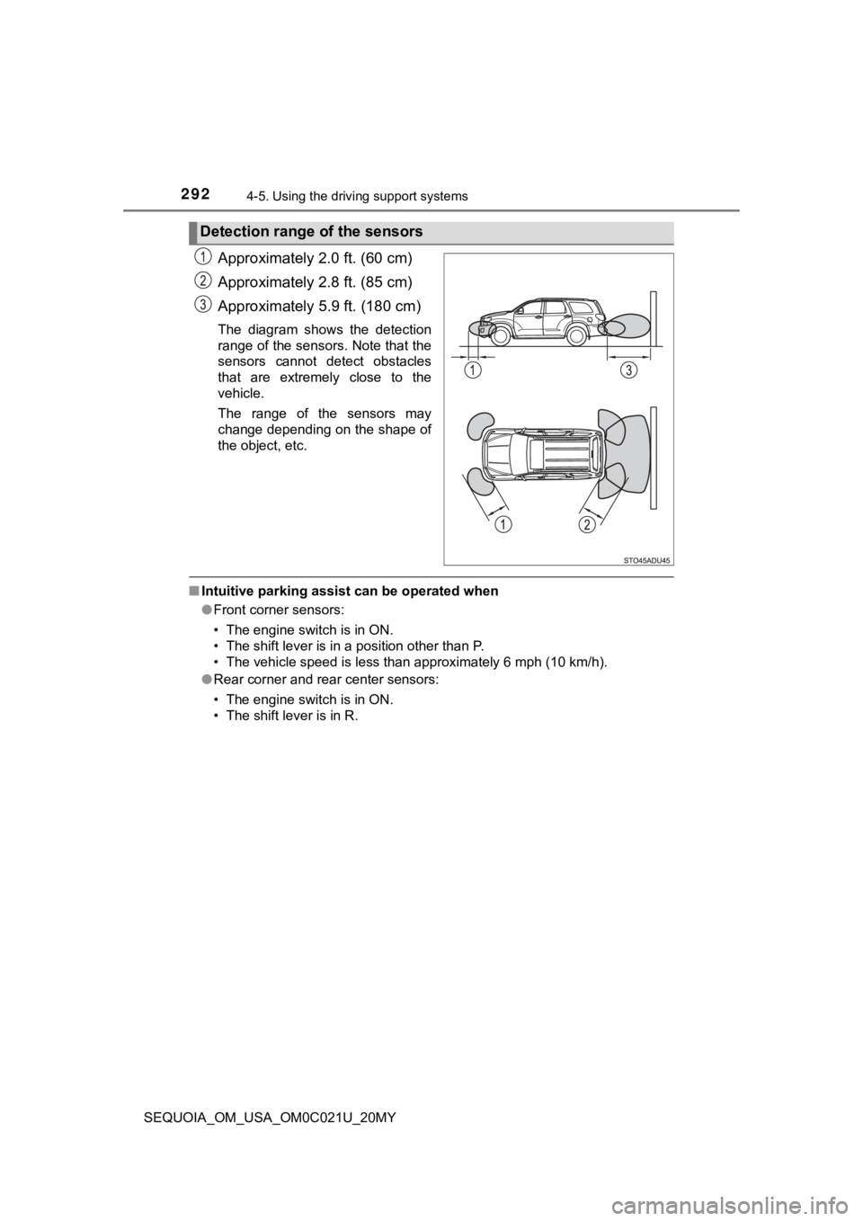 TOYOTA SEQUOIA 2020 (in English) Owners Guide 2924-5. Using the driving support systems
SEQUOIA_OM_USA_OM0C021U_20MY
Approximately 2.0 ft. (60 cm)
Approximately 2.8 ft. (85 cm)
Approximately 5.9 ft. (180 cm)
The diagram shows the detection
ra TOYOTA SEQUOIA 2020 (in English) Owners Guide 2924-5. Using the driving support systems
SEQUOIA_OM_USA_OM0C021U_20MY
Approximately 2.0 ft. (60 cm)
Approximately 2.8 ft. (85 cm)
Approximately 5.9 ft. (180 cm)
The diagram shows the detection
ra