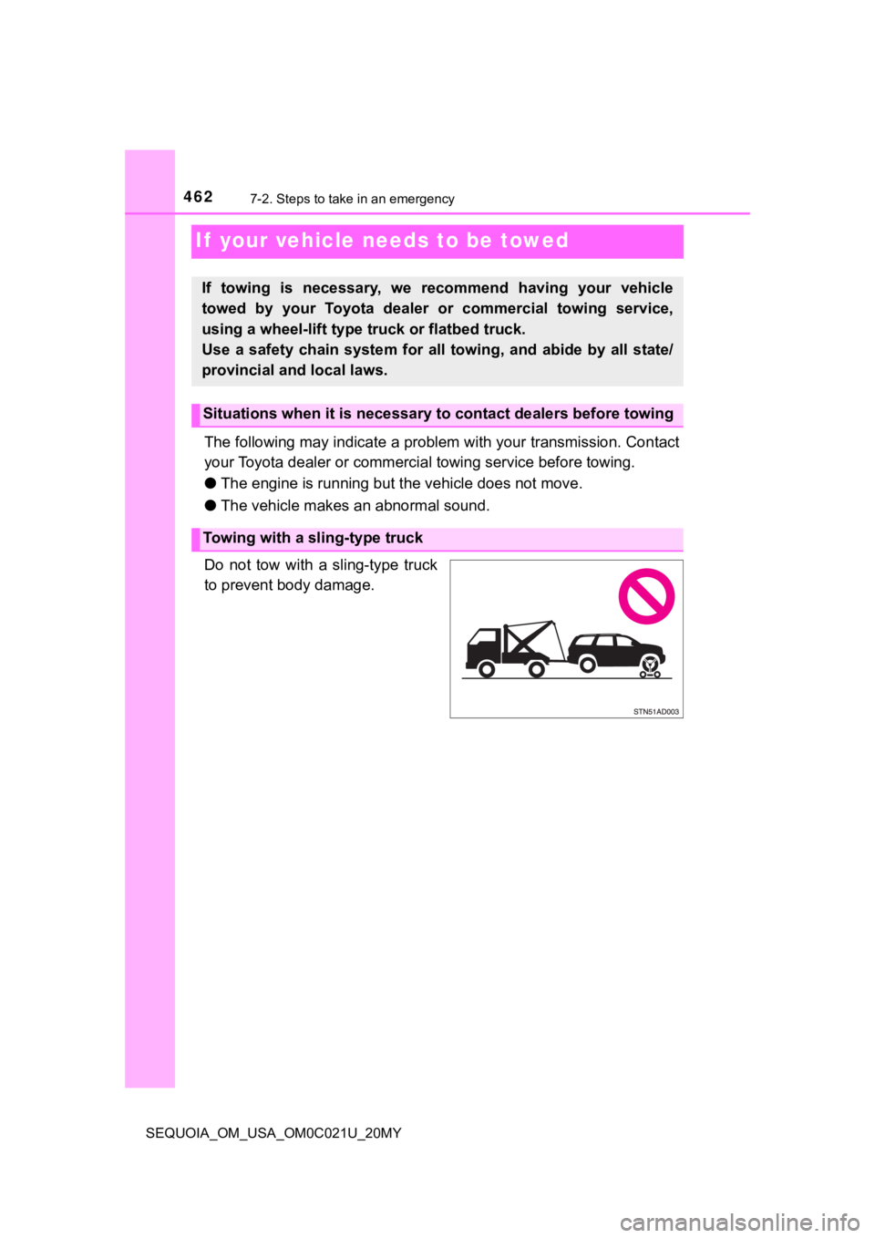 TOYOTA SEQUOIA 2020 Owners Manual (in English) 4627-2. Steps to take in an emergency
SEQUOIA_OM_USA_OM0C021U_20MY
If your vehicle needs to be towed
The following may indicate a problem with your transmission. Contact
your Toyota dealer or commerc TOYOTA SEQUOIA 2020 Owners Manual (in English) 4627-2. Steps to take in an emergency
SEQUOIA_OM_USA_OM0C021U_20MY
If your vehicle needs to be towed
The following may indicate a problem with your transmission. Contact
your Toyota dealer or commerc