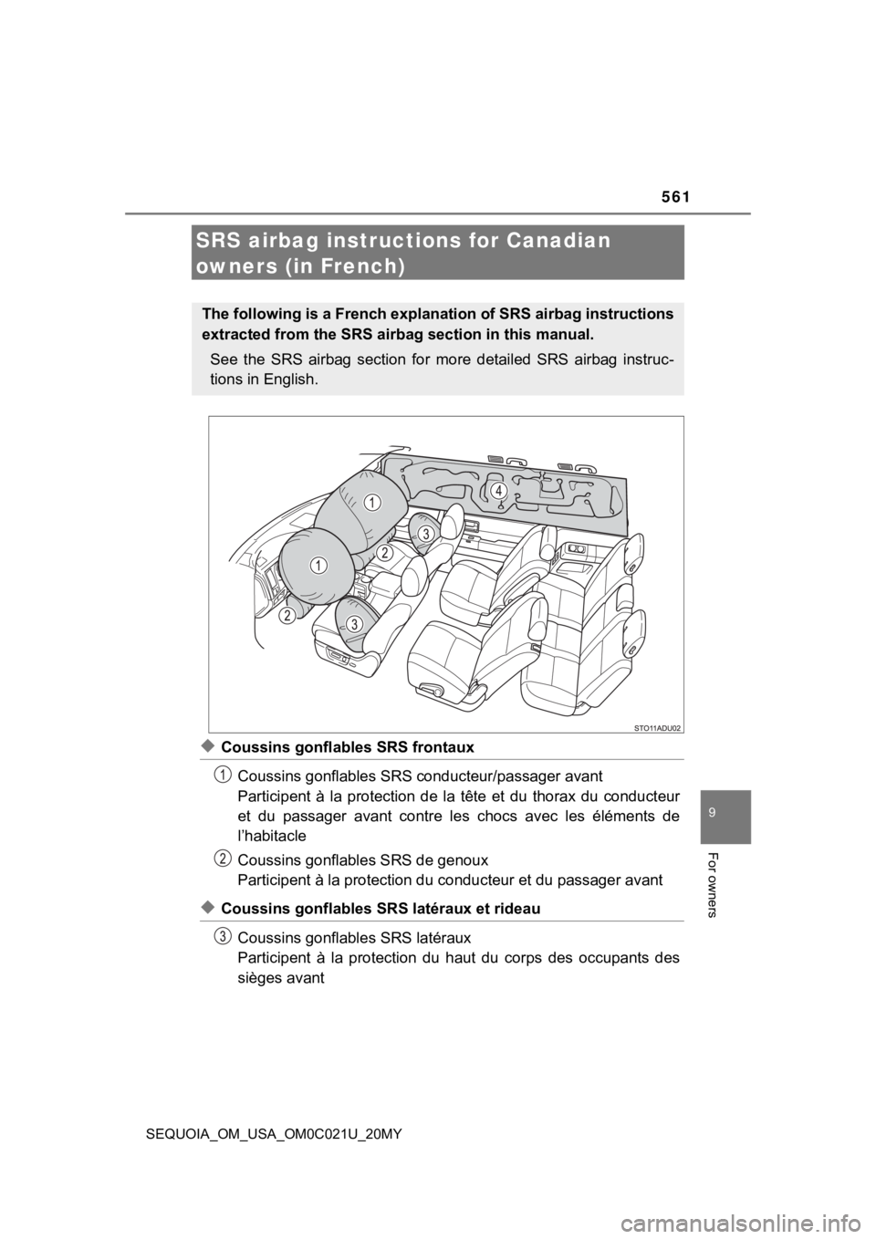 TOYOTA SEQUOIA 2020 Owners Manual (in English) 561
9
For owners
SEQUOIA_OM_USA_OM0C021U_20MY
SRS airbag instructions for Canadian
owners (in French)
◆Coussins gonflables SRS frontauxCoussins gonflables SRS c onducteur/passager avant
Participent TOYOTA SEQUOIA 2020 Owners Manual (in English) 561
9
For owners
SEQUOIA_OM_USA_OM0C021U_20MY
SRS airbag instructions for Canadian
owners (in French)
◆Coussins gonflables SRS frontauxCoussins gonflables SRS c onducteur/passager avant
Participent