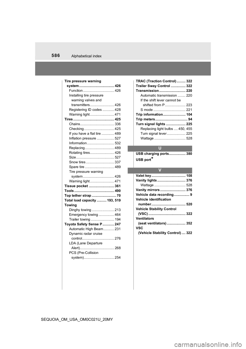 TOYOTA SEQUOIA 2020  Owners Manual (in English) 586Alphabetical index
SEQUOIA_OM_USA_OM0C021U_20MY
Tire pressure warning system .................................... 426
Function ................................ 426
Installing tire pressure warning 