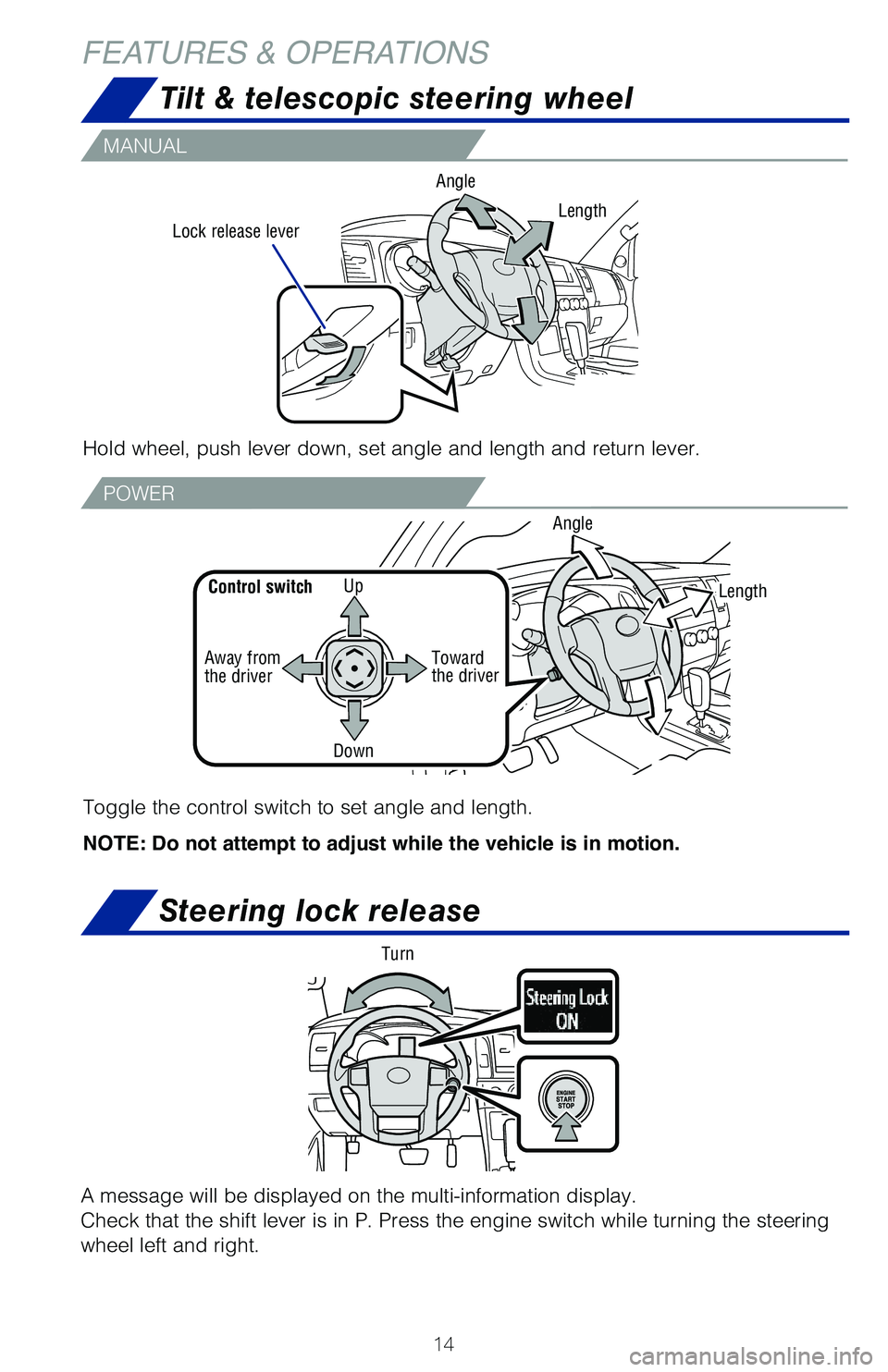 TOYOTA SEQUOIA 2020  Owners Manual (in English) 14
FEATURES & OPERATIONS
MANUAL
POWER
Hold wheel, push lever down, set angle and length and return lever.
Lock release leverAngle
Toggle the control switch to set angle and length.
NOTE: Do not attemp