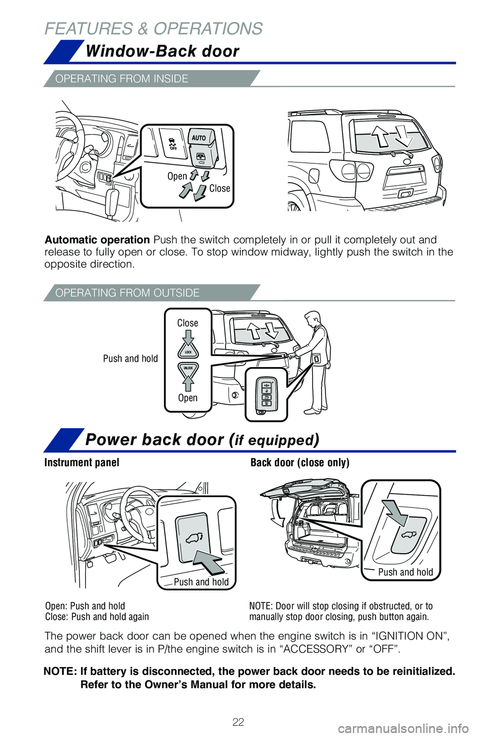 TOYOTA SEQUOIA 2020 (in English) Owners Manual 22
FEATURES & OPERATIONSWindow-Back door
Power back door (if equipped)
OPERATING FROM INSIDE
OPERATING FROM OUTSIDE
Automatic operation Push the switch completely in or pull it completely out and
re TOYOTA SEQUOIA 2020 (in English) Owners Manual 22
FEATURES & OPERATIONSWindow-Back door
Power back door (if equipped)
OPERATING FROM INSIDE
OPERATING FROM OUTSIDE
Automatic operation Push the switch completely in or pull it completely out and
re