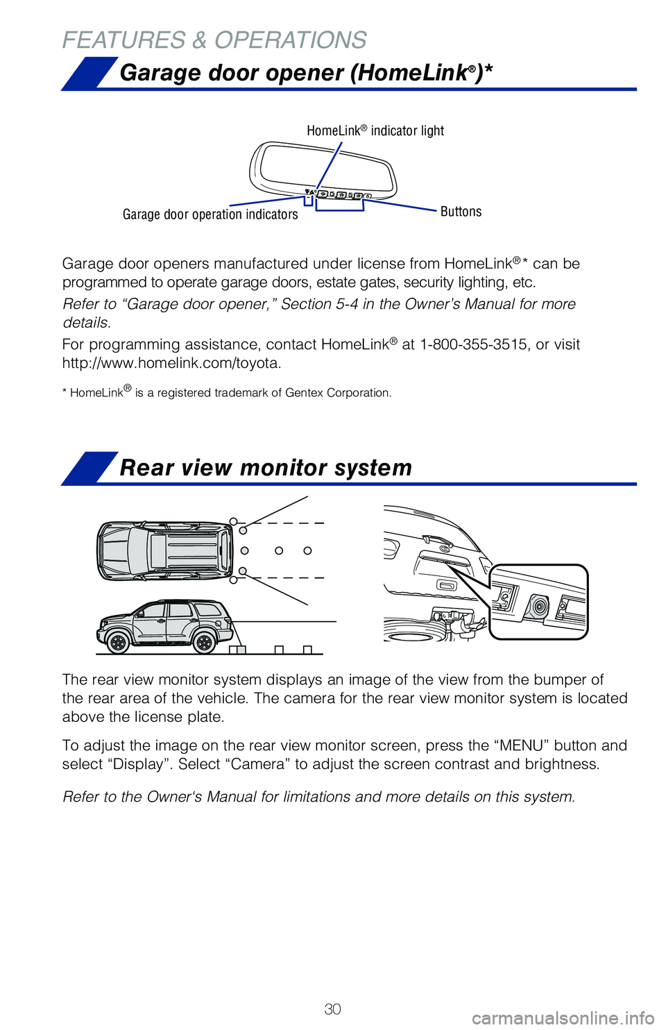 TOYOTA SEQUOIA 2020 (in English) Owners Guide 30
FEATURES & OPERATIONS
Garage door opener (HomeLink®)*
Garage door openers manufactured under license from HomeLink®* can be
programmed to operate garage doors, estate gates, security lighting, e TOYOTA SEQUOIA 2020 (in English) Owners Guide 30
FEATURES & OPERATIONS
Garage door opener (HomeLink®)*
Garage door openers manufactured under license from HomeLink®* can be
programmed to operate garage doors, estate gates, security lighting, e