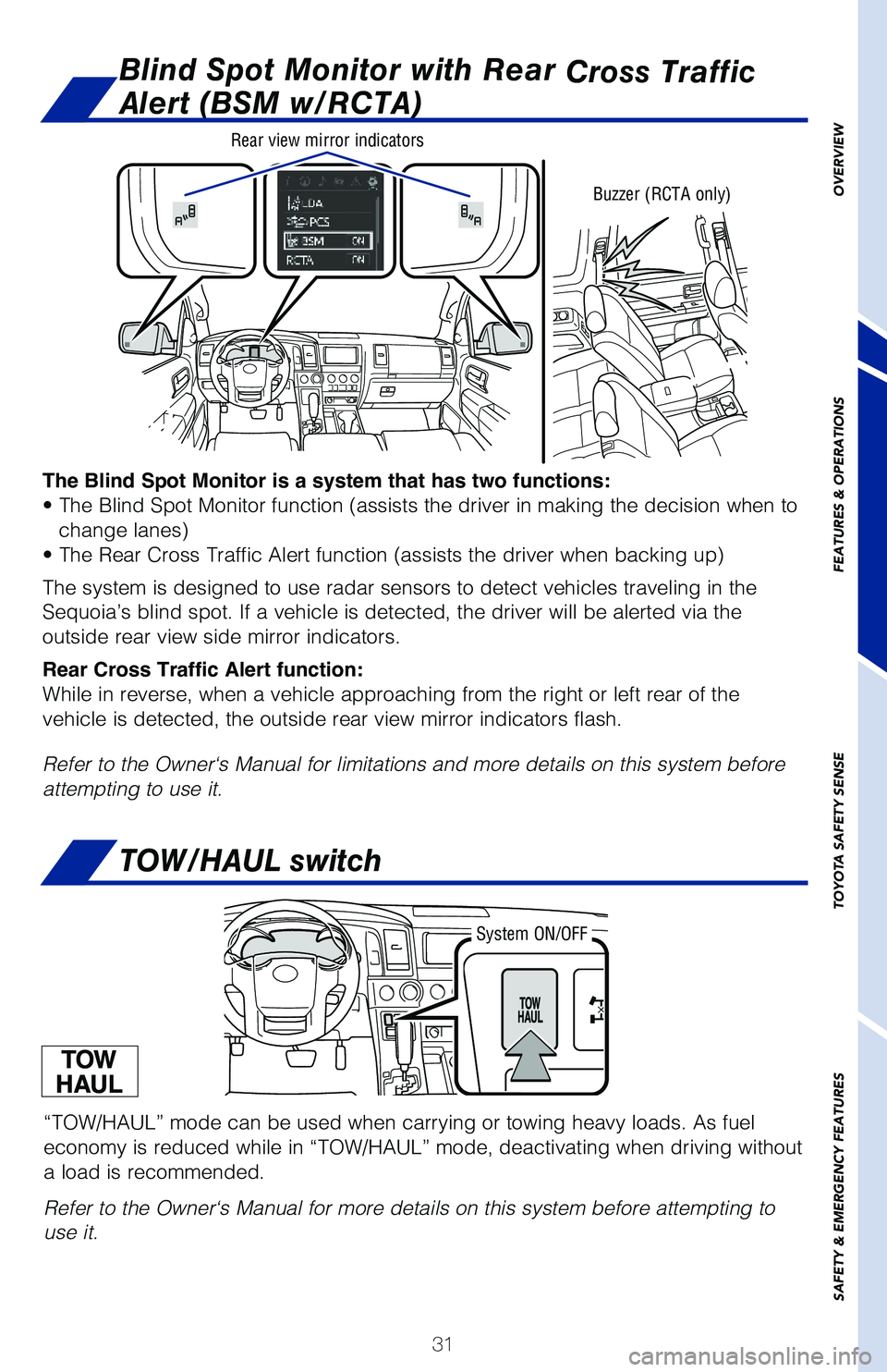 TOYOTA SEQUOIA 2020 (in English) Owners Guide 31
OVERVIEW
FEATURES & OPERATIONS
TOYOTA SAFETY SENSE
SAFETY & EMERGENCY FEATURES
TOW/HAUL switch
“TOW/HAUL” mode can be used when carrying or towing heavy loads. As fuel
economy is reduced while TOYOTA SEQUOIA 2020 (in English) Owners Guide 31
OVERVIEW
FEATURES & OPERATIONS
TOYOTA SAFETY SENSE
SAFETY & EMERGENCY FEATURES
TOW/HAUL switch
“TOW/HAUL” mode can be used when carrying or towing heavy loads. As fuel
economy is reduced while