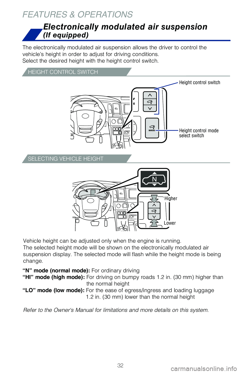 TOYOTA SEQUOIA 2020 (in English) Owners Guide 32
Electronically modulated air suspension
(If equipped)
FEATURES & OPERATIONS
The electronically modulated air suspension allows the driver to control\
the
vehicle’s height in order to adjust f TOYOTA SEQUOIA 2020 (in English) Owners Guide 32
Electronically modulated air suspension
(If equipped)
FEATURES & OPERATIONS
The electronically modulated air suspension allows the driver to control\
the
vehicle’s height in order to adjust f