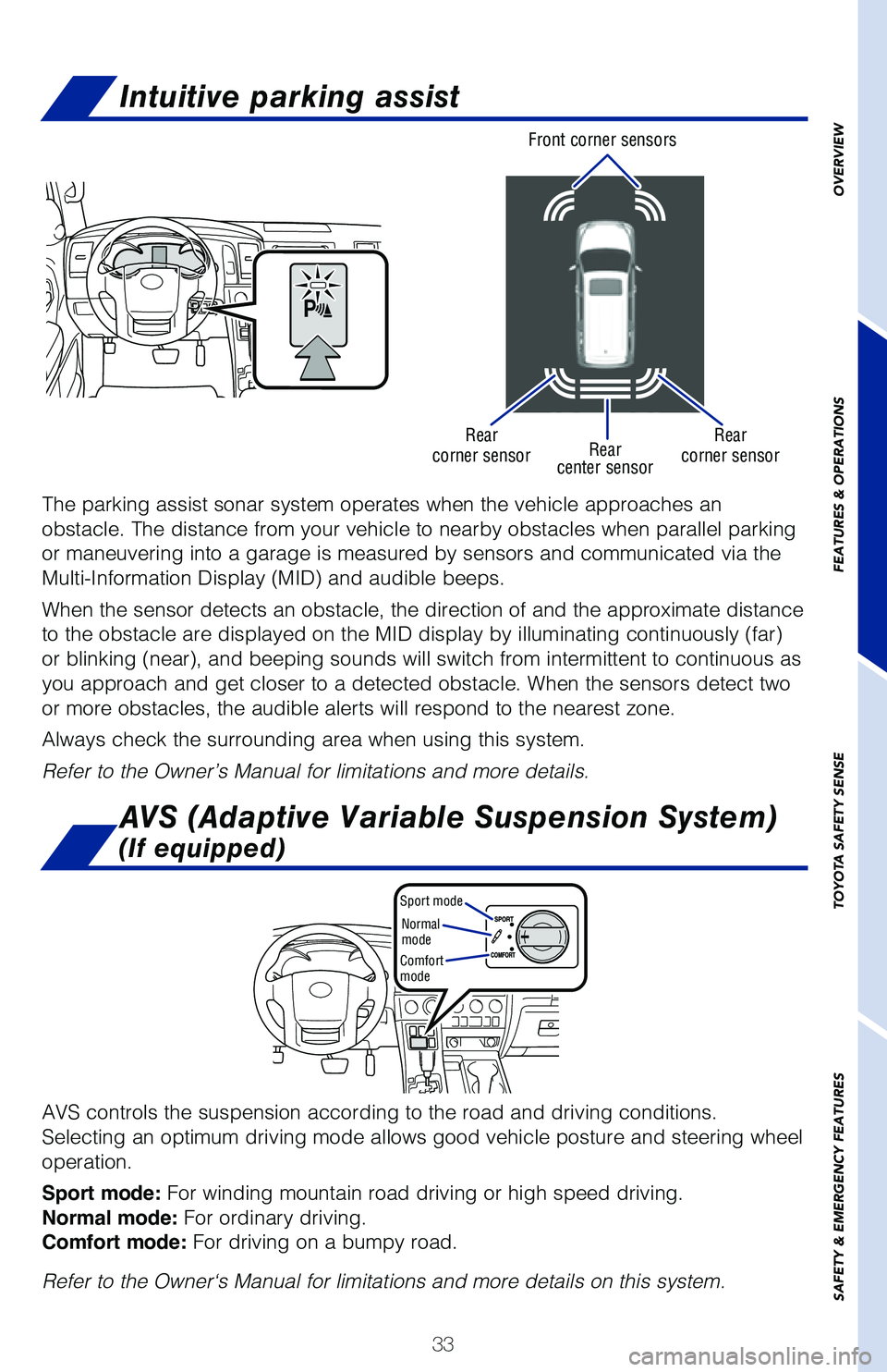 TOYOTA SEQUOIA 2020 Owners Manual (in English) 33
OVERVIEW
FEATURES & OPERATIONS
TOYOTA SAFETY SENSE
SAFETY & EMERGENCY FEATURES
Intuitive parking assist
The parking assist sonar system operates when the vehicle approaches an \
obstacle. The dist TOYOTA SEQUOIA 2020 Owners Manual (in English) 33
OVERVIEW
FEATURES & OPERATIONS
TOYOTA SAFETY SENSE
SAFETY & EMERGENCY FEATURES
Intuitive parking assist
The parking assist sonar system operates when the vehicle approaches an \
obstacle. The dist