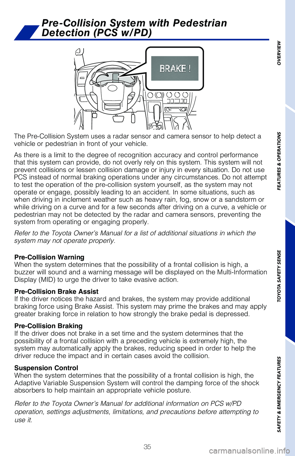TOYOTA SEQUOIA 2020 (in English) Owners Guide 35
OVERVIEW
FEATURES & OPERATIONS
TOYOTA SAFETY SENSE
SAFETY & EMERGENCY FEATURES
The Pre-Collision System uses a radar sensor and camera sensor to help d\
etect a
vehicle or pedestrian in front of y TOYOTA SEQUOIA 2020 (in English) Owners Guide 35
OVERVIEW
FEATURES & OPERATIONS
TOYOTA SAFETY SENSE
SAFETY & EMERGENCY FEATURES
The Pre-Collision System uses a radar sensor and camera sensor to help d\
etect a
vehicle or pedestrian in front of y