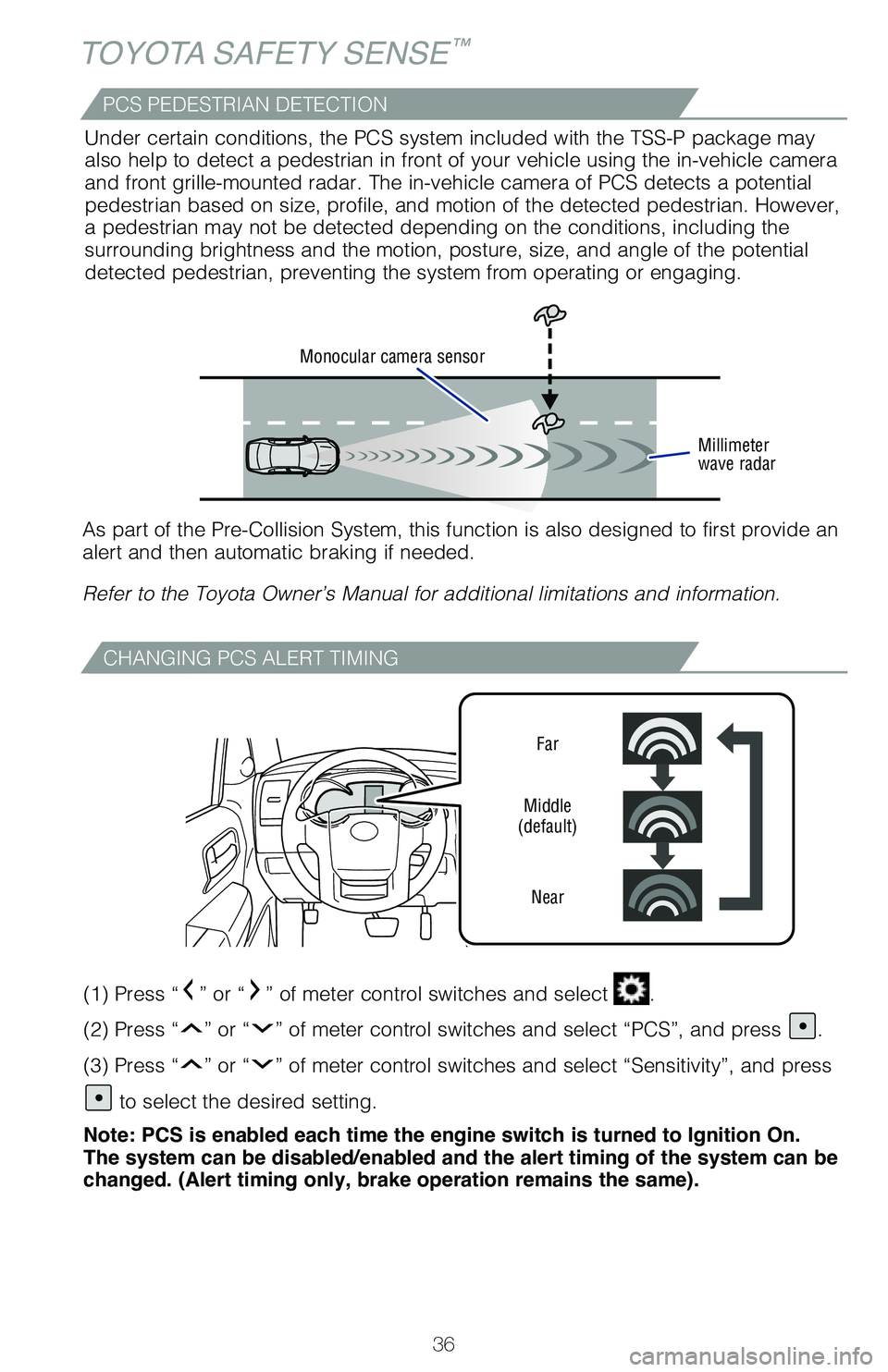 TOYOTA SEQUOIA 2020 (in English) Owners Guide 36
TOYOTA SAFETY SENSE™
CHANGING PCS ALERT TIMING
Far
Middle
(default)
Near
(1) Press “” or “” of meter control switches and select .
(2) Press “
” or “” of meter control switches TOYOTA SEQUOIA 2020 (in English) Owners Guide 36
TOYOTA SAFETY SENSE™
CHANGING PCS ALERT TIMING
Far
Middle
(default)
Near
(1) Press “” or “” of meter control switches and select .
(2) Press “
” or “” of meter control switches