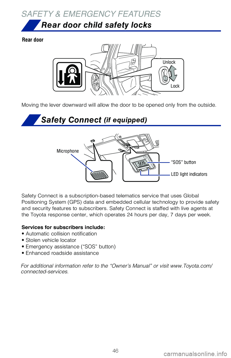 TOYOTA SEQUOIA 2020 (in English) Service Manual 46
SAFETY & EMERGENCY FEATURESRear door child safety locks
Moving the lever downward will allow the door to be opened only from the\
outside.
Rear door
Unlock
Lock
Safety Connect (if equipped)
Safet TOYOTA SEQUOIA 2020 (in English) Service Manual 46
SAFETY & EMERGENCY FEATURESRear door child safety locks
Moving the lever downward will allow the door to be opened only from the\
outside.
Rear door
Unlock
Lock
Safety Connect (if equipped)
Safet