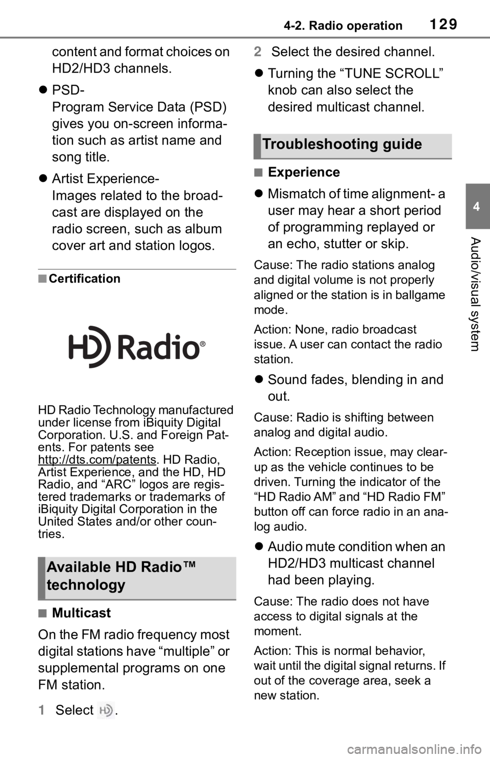 TOYOTA SEQUOIA 2020  Accessories, Audio & Navigation (in English) 1294-2. Radio operation
4
Audio/visual system
content and format choices on 
HD2/HD3 channels.
 PSD-
Program Service Data (PSD) 
gives you on-screen informa-
tion such as artist name and 
song titl