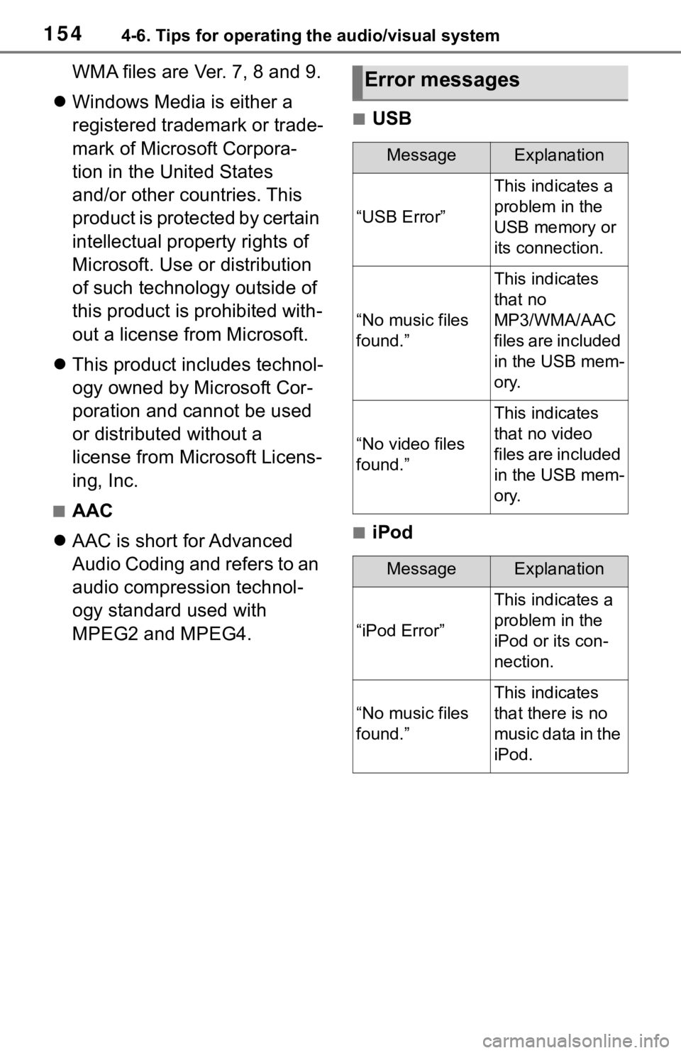 TOYOTA SEQUOIA 2020 Accessories, Audio & Navigation (in English) 1544-6. Tips for operating the audio/visual system
WMA files are Ver. 7, 8 and 9.
Windows Media is either a
registered trademark or trade-
mark of Microsoft Corpora-
tion in the United States
an TOYOTA SEQUOIA 2020 Accessories, Audio & Navigation (in English) 1544-6. Tips for operating the audio/visual system
WMA files are Ver. 7, 8 and 9.
Windows Media is either a
registered trademark or trade-
mark of Microsoft Corpora-
tion in the United States
an