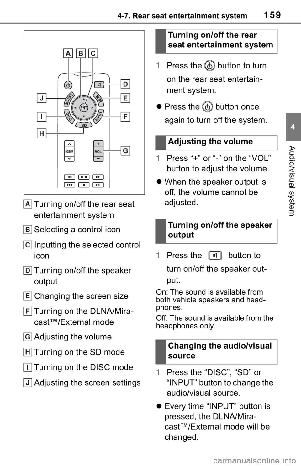 TOYOTA SEQUOIA 2020 Accessories, Audio & Navigation (in English) 1594-7. Rear seat entertainment system
4
Audio/visual system
Turning on/off the rear seat
entertainment system
Selecting a control icon
Inputting the selected control
icon
Turning on/off the speaker TOYOTA SEQUOIA 2020 Accessories, Audio & Navigation (in English) 1594-7. Rear seat entertainment system
4
Audio/visual system
Turning on/off the rear seat
entertainment system
Selecting a control icon
Inputting the selected control
icon
Turning on/off the speaker