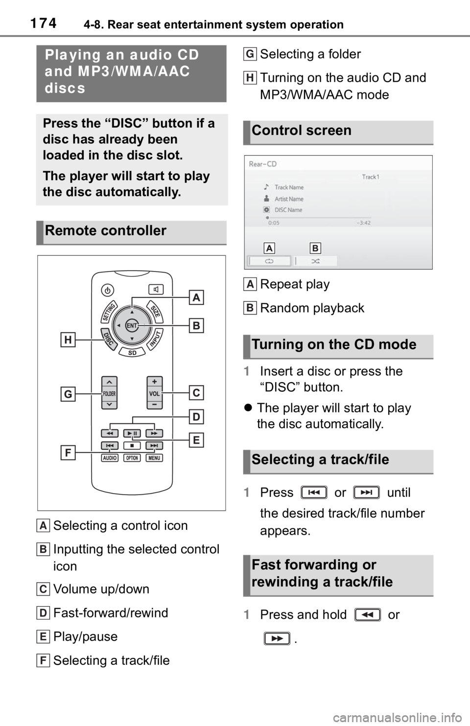 TOYOTA SEQUOIA 2020  Accessories, Audio & Navigation (in English) 1744-8. Rear seat entertainment system operation
Selecting a control icon
Inputting the selected control 
icon
Volume up/down
Fast-forward/rewind
Play/pause
Selecting a track/fileSelecting a folder
Tu