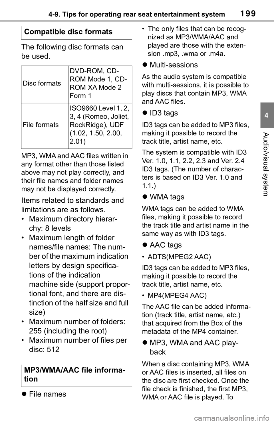 TOYOTA SEQUOIA 2020  Accessories, Audio & Navigation (in English) 1994-9. Tips for operating rear seat entertainment system
4
Audio/visual system
The following disc formats can 
be used.
MP3, WMA and AAC files written in 
any format other than those listed 
above ma
