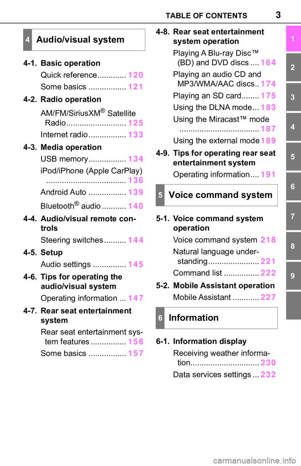 TOYOTA SEQUOIA 2020  Accessories, Audio & Navigation (in English) 3TABLE OF CONTENTS
1
2
3
4
5
6
7
8
9
4-1. Basic operationQuick reference............. 120
Some basics ................. 121
4-2. Radio operation
AM/FM/SiriusXM
® Satellite 
Radio ....................