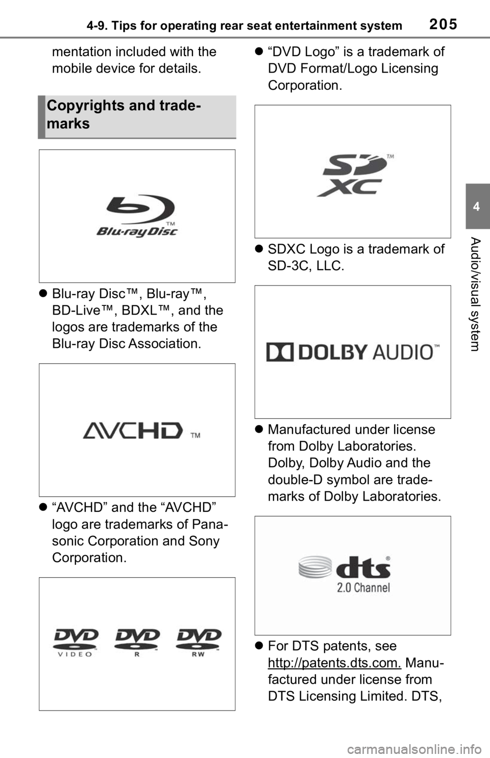 TOYOTA SEQUOIA 2020  Accessories, Audio & Navigation (in English) 2054-9. Tips for operating rear seat entertainment system
4
Audio/visual system
mentation included with the 
mobile device for details.
 Blu-ray Disc™, Blu-ray™, 
BD-Live™, BDXL™, and the 
