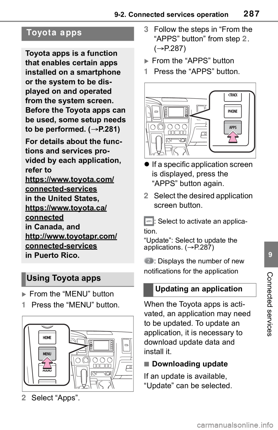 TOYOTA SEQUOIA 2020 Accessories, Audio & Navigation (in English) 2879-2. Connected services operation
9
Connected services
9-2.Connected services operation
From the “MENU” button
1 Press the “MENU” button.
2 Select “Apps”. 3
Follow the steps in “Fr TOYOTA SEQUOIA 2020 Accessories, Audio & Navigation (in English) 2879-2. Connected services operation
9
Connected services
9-2.Connected services operation
From the “MENU” button
1 Press the “MENU” button.
2 Select “Apps”. 3
Follow the steps in “Fr