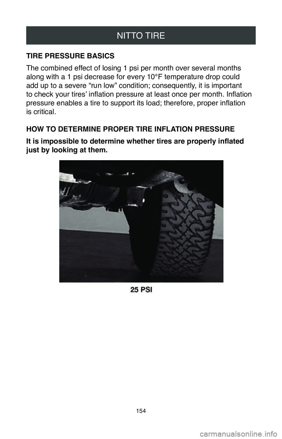 TOYOTA SEQUOIA 2020 Warranties & Maintenance Guides (in English) NITTO TIRE
154
TIRE PRESSURE BASICS
The combined effect of losing 1 psi per month over several months
along with a 1 psi decrease for every 10°F temperature drop could
add up to a severe “run low TOYOTA SEQUOIA 2020 Warranties & Maintenance Guides (in English) NITTO TIRE
154
TIRE PRESSURE BASICS
The combined effect of losing 1 psi per month over several months
along with a 1 psi decrease for every 10°F temperature drop could
add up to a severe “run low