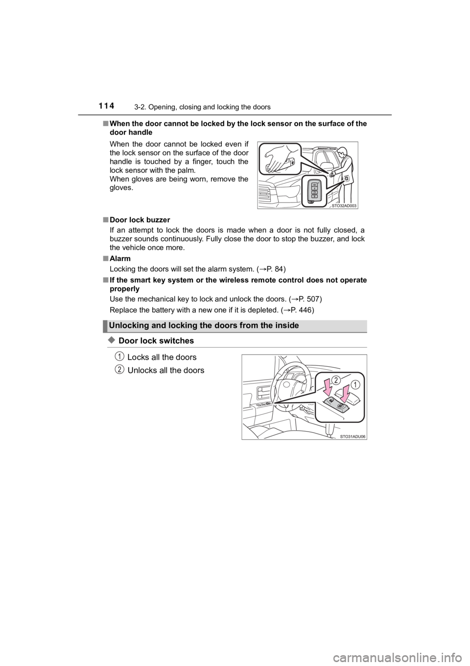 TOYOTA SEQUOIA 2021 Owners Manual (in English) 1143-2. Opening, closing and locking the doors
SEQUOIA_OM_USA_OM0C035U■
When the door cannot be locked by the lock sensor on the surface of the
door handle
■ Door lock buzzer
If an attempt to TOYOTA SEQUOIA 2021 Owners Manual (in English) 1143-2. Opening, closing and locking the doors
SEQUOIA_OM_USA_OM0C035U■
When the door cannot be locked by the lock sensor on the surface of the
door handle
■ Door lock buzzer
If an attempt to