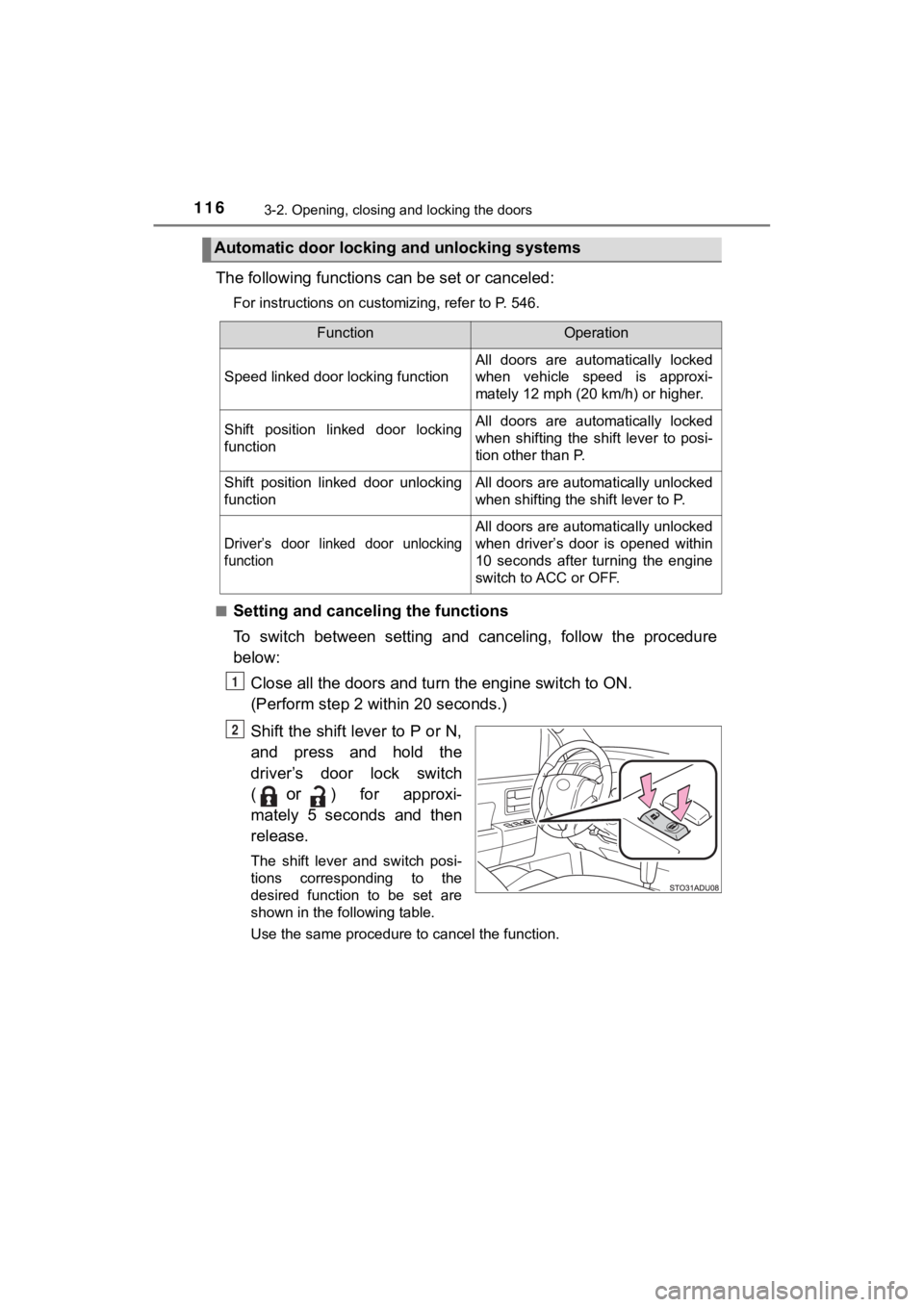 TOYOTA SEQUOIA 2021 (in English) User Guide 1163-2. Opening, closing and locking the doors
SEQUOIA_OM_USA_OM0C035U
The following functions can be set or canceled:
For instructions on customizing, refer to P. 546.
■
Setting and cance ling the TOYOTA SEQUOIA 2021 (in English) User Guide 1163-2. Opening, closing and locking the doors
SEQUOIA_OM_USA_OM0C035U
The following functions can be set or canceled:
For instructions on customizing, refer to P. 546.
■
Setting and cance ling the