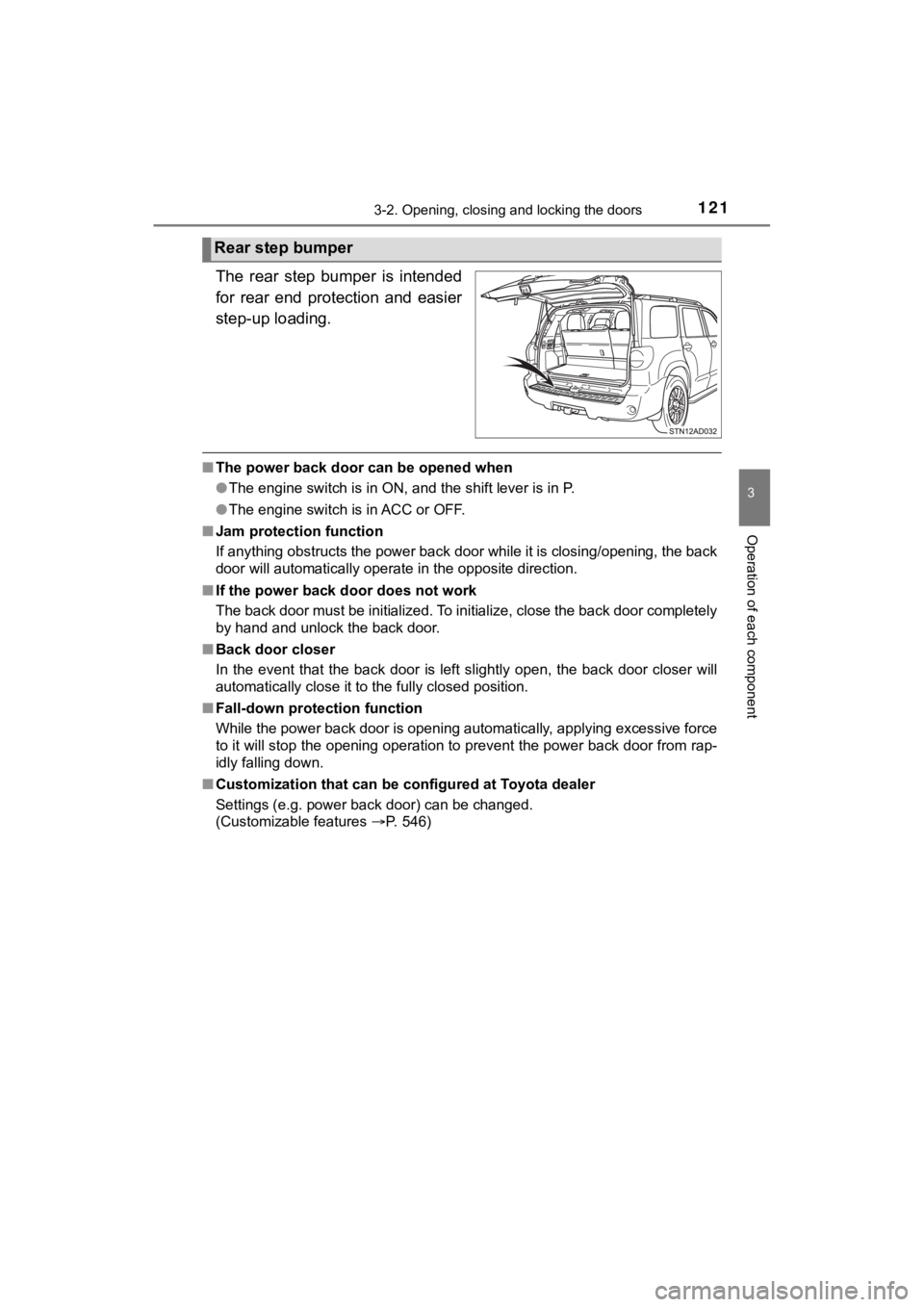 TOYOTA SEQUOIA 2021 (in English) Owners Manual 1213-2. Opening, closing and locking the doors
3
Operation of each component
SEQUOIA_OM_USA_OM0C035U
The rear step bumper is intended
for rear end protection and easier
step-up loading.
■T TOYOTA SEQUOIA 2021 (in English) Owners Manual 1213-2. Opening, closing and locking the doors
3
Operation of each component
SEQUOIA_OM_USA_OM0C035U
The rear step bumper is intended
for rear end protection and easier
step-up loading.
■T