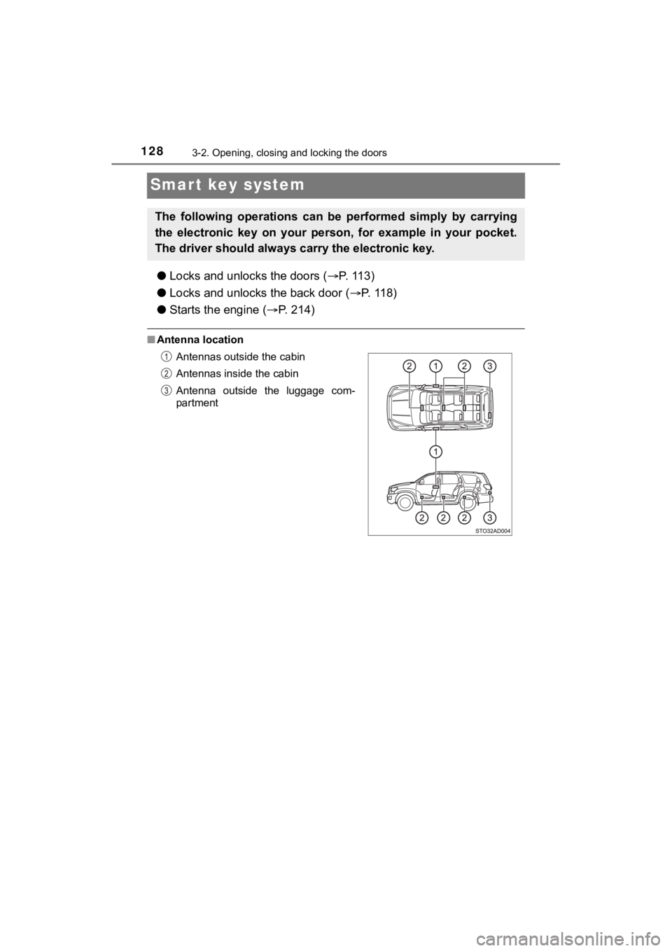 TOYOTA SEQUOIA 2021 (in English) User Guide 1283-2. Opening, closing and locking the doors
SEQUOIA_OM_USA_OM0C035U
Smart key system
●Locks and unloc ks the doors (P. 113)
● Locks and unlocks the back door (P. 118)
● Starts the engi TOYOTA SEQUOIA 2021 (in English) User Guide 1283-2. Opening, closing and locking the doors
SEQUOIA_OM_USA_OM0C035U
Smart key system
●Locks and unloc ks the doors (P. 113)
● Locks and unlocks the back door (P. 118)
● Starts the engi