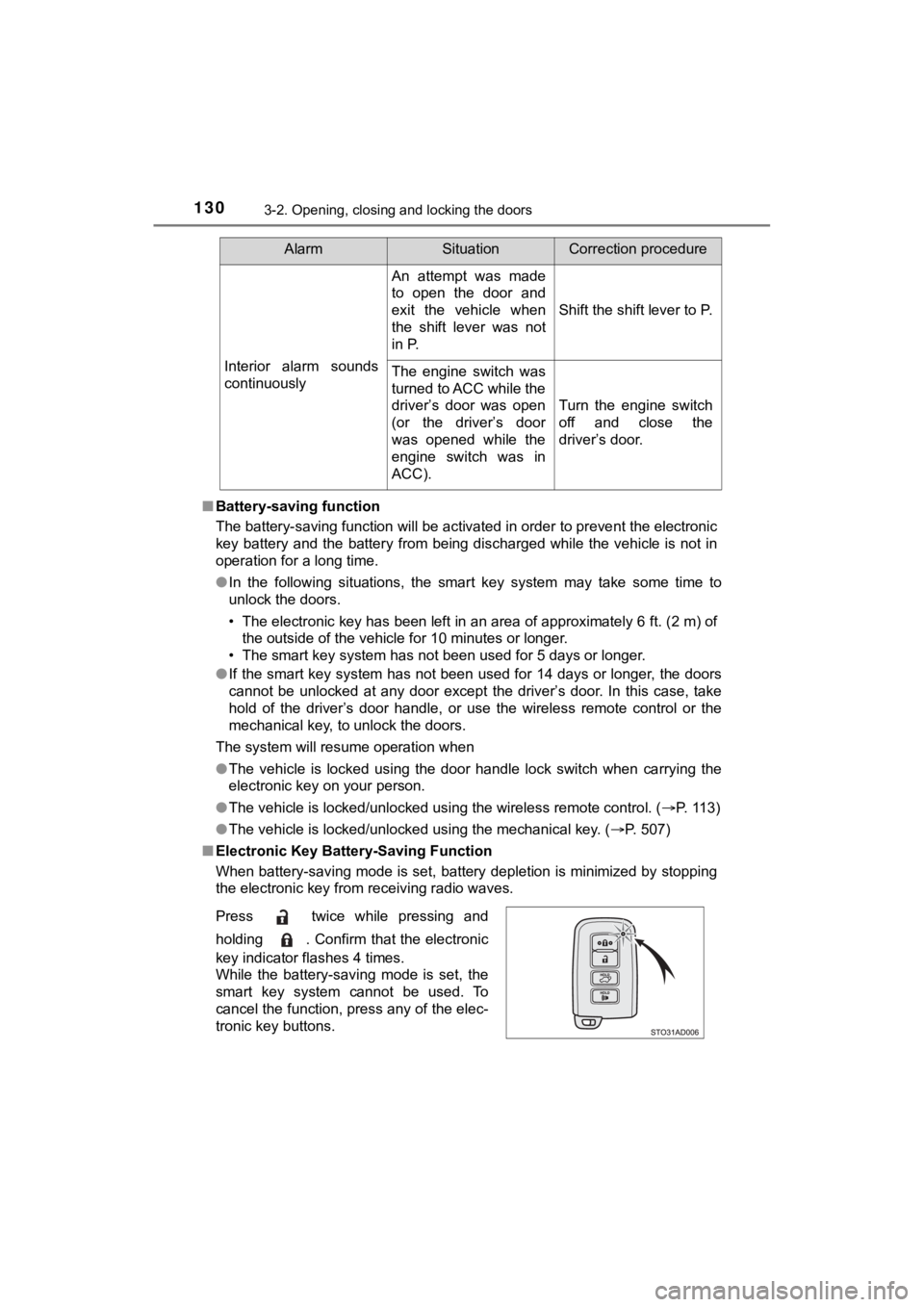TOYOTA SEQUOIA 2021 (in English) Owners Manual 1303-2. Opening, closing and locking the doors
SEQUOIA_OM_USA_OM0C035U■
Battery-saving function
The battery-saving function will be activated in order to preve nt the electronic
key battery and t TOYOTA SEQUOIA 2021 (in English) Owners Manual 1303-2. Opening, closing and locking the doors
SEQUOIA_OM_USA_OM0C035U■
Battery-saving function
The battery-saving function will be activated in order to preve nt the electronic
key battery and t
