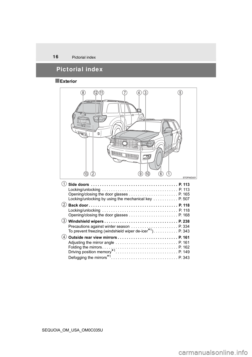 TOYOTA SEQUOIA 2021 (in English) User Guide 16Pictorial index
SEQUOIA_OM_USA_OM0C035U
Pictorial index
■
Exterior
Side doors . . . . . . . . . . . . . . . . . . . . . . . . . . . . . . . . . . . . . . . P. 113
Locking/unlocking . . . . . . TOYOTA SEQUOIA 2021 (in English) User Guide 16Pictorial index
SEQUOIA_OM_USA_OM0C035U
Pictorial index
■
Exterior
Side doors . . . . . . . . . . . . . . . . . . . . . . . . . . . . . . . . . . . . . . . P. 113
Locking/unlocking . . . . . .