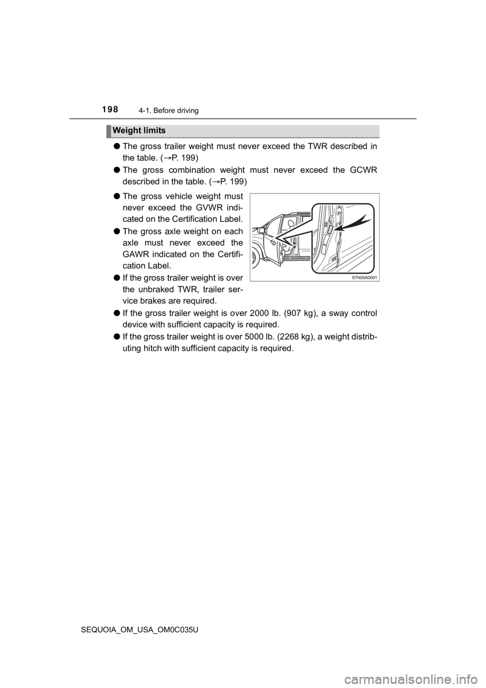 TOYOTA SEQUOIA 2021 (in English) Owners Manual 1984-1. Before driving
SEQUOIA_OM_USA_OM0C035U
●The gross trailer weight must never exceed the TWR described in
the table. ( P. 1 9 9 )
● The gross combination weight must never TOYOTA SEQUOIA 2021 (in English) Owners Manual 1984-1. Before driving
SEQUOIA_OM_USA_OM0C035U
●The gross trailer weight must never exceed the TWR described in
the table. ( P. 1 9 9 )
● The gross combination weight must never