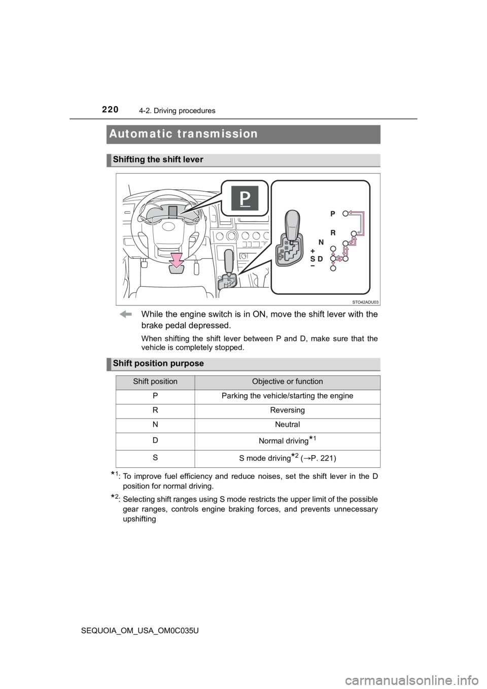 TOYOTA SEQUOIA 2021 (in English) Manual PDF 2204-2. Driving procedures
SEQUOIA_OM_USA_OM0C035U
Automatic transmission
While the engine switch is in ON, move the shift lever with the
brake pedal depressed.
When shifting the shift lever betw TOYOTA SEQUOIA 2021 (in English) Manual PDF 2204-2. Driving procedures
SEQUOIA_OM_USA_OM0C035U
Automatic transmission
While the engine switch is in ON, move the shift lever with the
brake pedal depressed.
When shifting the shift lever betw