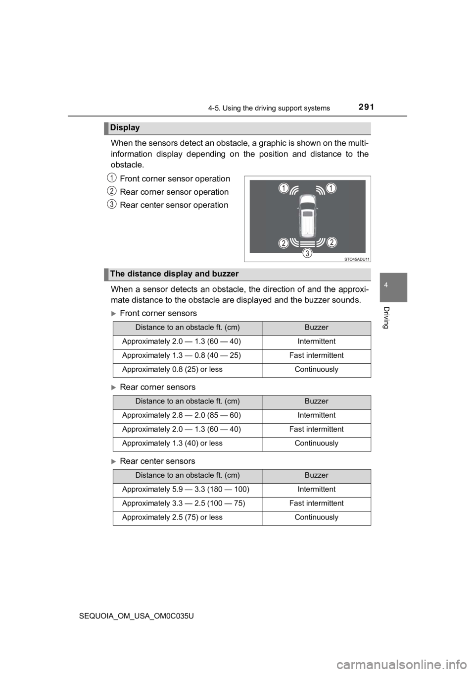 TOYOTA SEQUOIA 2021 (in English) Owners Guide 2914-5. Using the driving support systems
4
Driving
SEQUOIA_OM_USA_OM0C035U
When the sensors detect an obstacle, a graphic is shown on the multi-
information display depending on the position an TOYOTA SEQUOIA 2021 (in English) Owners Guide 2914-5. Using the driving support systems
4
Driving
SEQUOIA_OM_USA_OM0C035U
When the sensors detect an obstacle, a graphic is shown on the multi-
information display depending on the position an