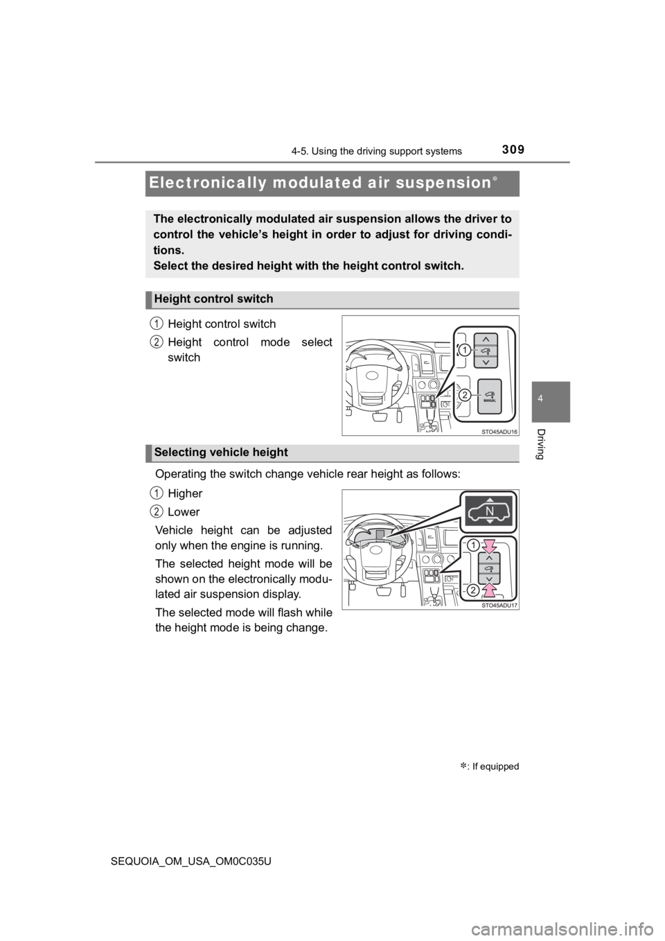 TOYOTA SEQUOIA 2021 (in English) Workshop Manual 3094-5. Using the driving support systems
4
Driving
SEQUOIA_OM_USA_OM0C035U
Electronically modulated air suspension
Height control switch
Height control mode select
switch
Operating the switch TOYOTA SEQUOIA 2021 (in English) Workshop Manual 3094-5. Using the driving support systems
4
Driving
SEQUOIA_OM_USA_OM0C035U
Electronically modulated air suspension
Height control switch
Height control mode select
switch
Operating the switch