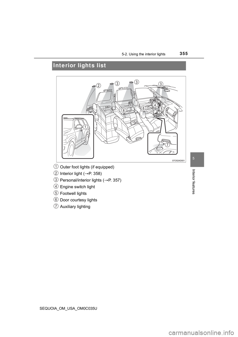 TOYOTA SEQUOIA 2021 Owners Manual (in English) 3555-2. Using the interior lights
5
Interior features
SEQUOIA_OM_USA_OM0C035U
Interior lights list
Outer foot lights (if equipped)
Interior light ( P. 358)
Personal/interior lights ( P. 3 5 7 TOYOTA SEQUOIA 2021 Owners Manual (in English) 3555-2. Using the interior lights
5
Interior features
SEQUOIA_OM_USA_OM0C035U
Interior lights list
Outer foot lights (if equipped)
Interior light ( P. 358)
Personal/interior lights ( P. 3 5 7