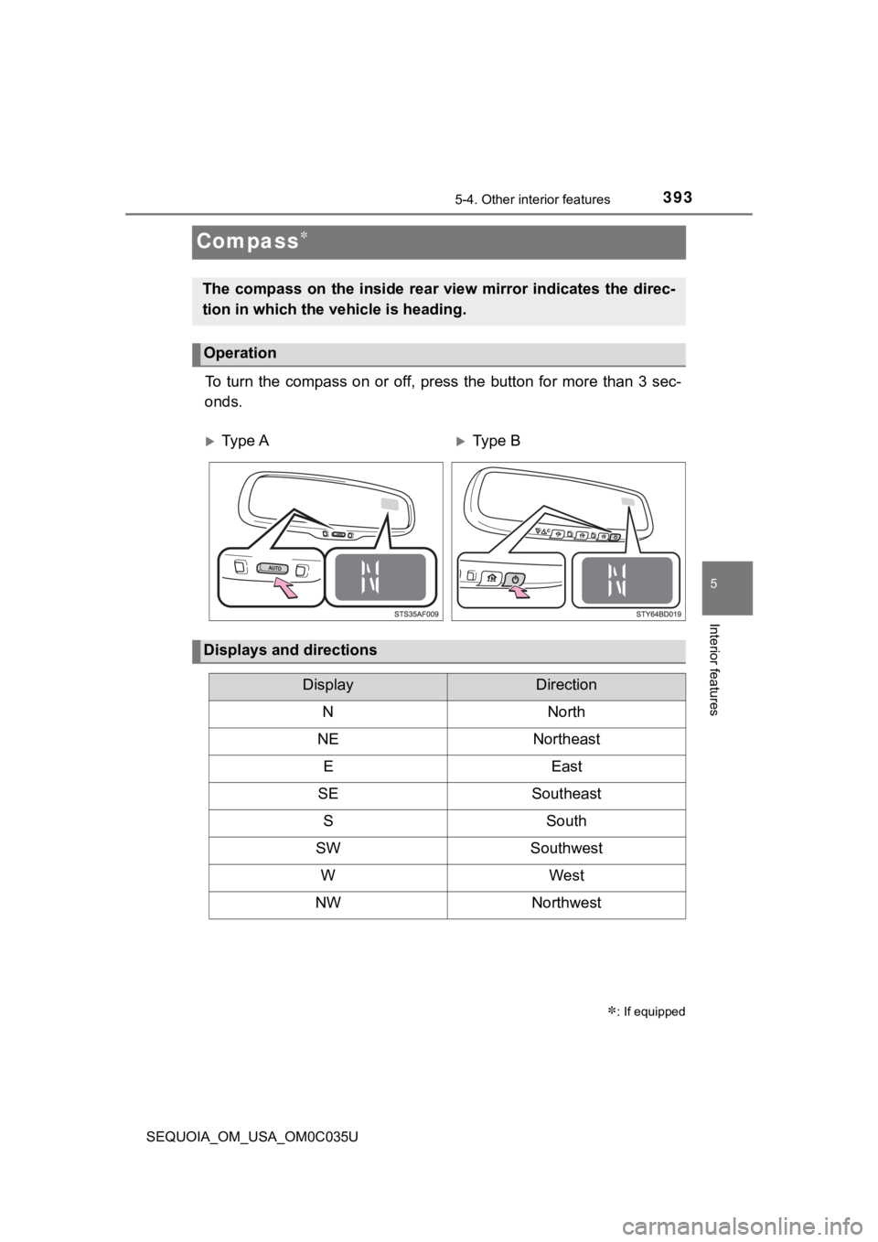 TOYOTA SEQUOIA 2021 (in English) Workshop Manual 3935-4. Other interior features
5
Interior features
SEQUOIA_OM_USA_OM0C035U
Compass
To turn the compass on or off, p ress the button for more than 3 sec-
onds.
: If equipped
The co TOYOTA SEQUOIA 2021 (in English) Workshop Manual 3935-4. Other interior features
5
Interior features
SEQUOIA_OM_USA_OM0C035U
Compass
To turn the compass on or off, p ress the button for more than 3 sec-
onds.
: If equipped
The co